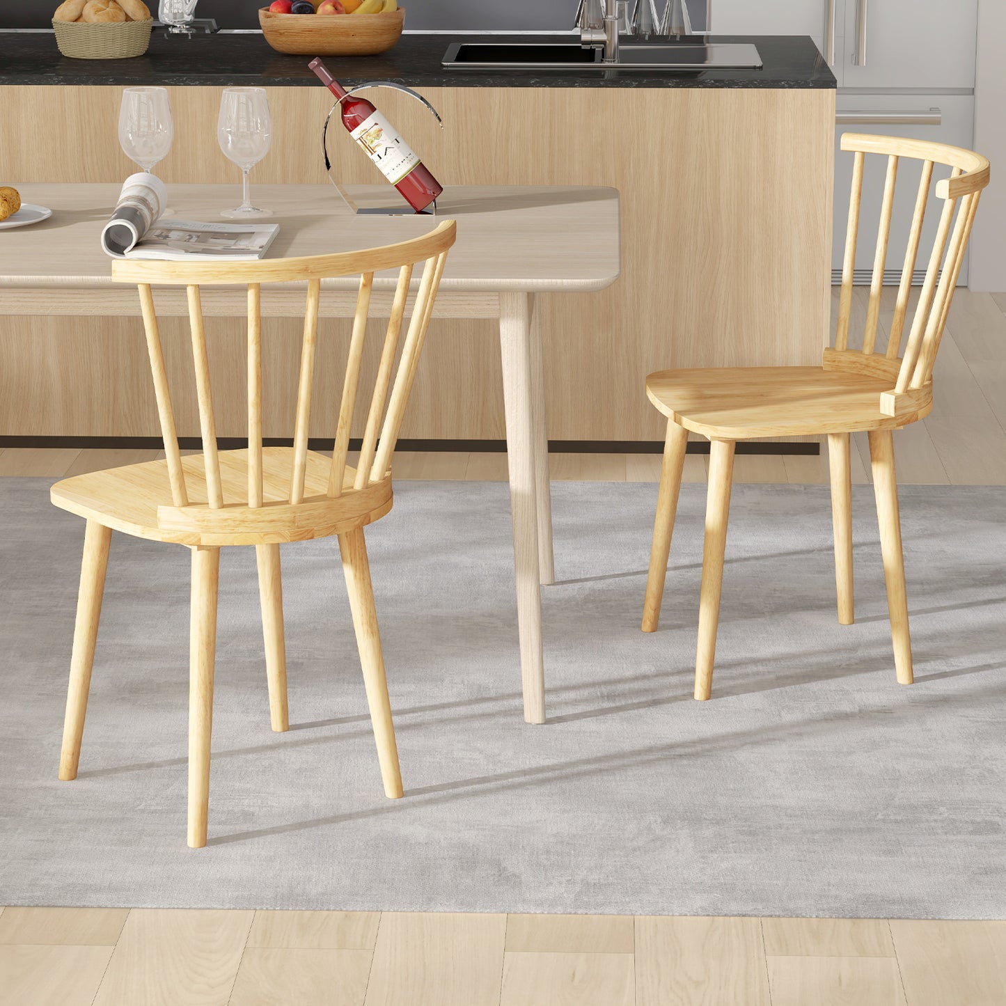 Set of 2 Windsor Dining Chairs with Spindle Back and Rubber Wood Frame - Natural Finish