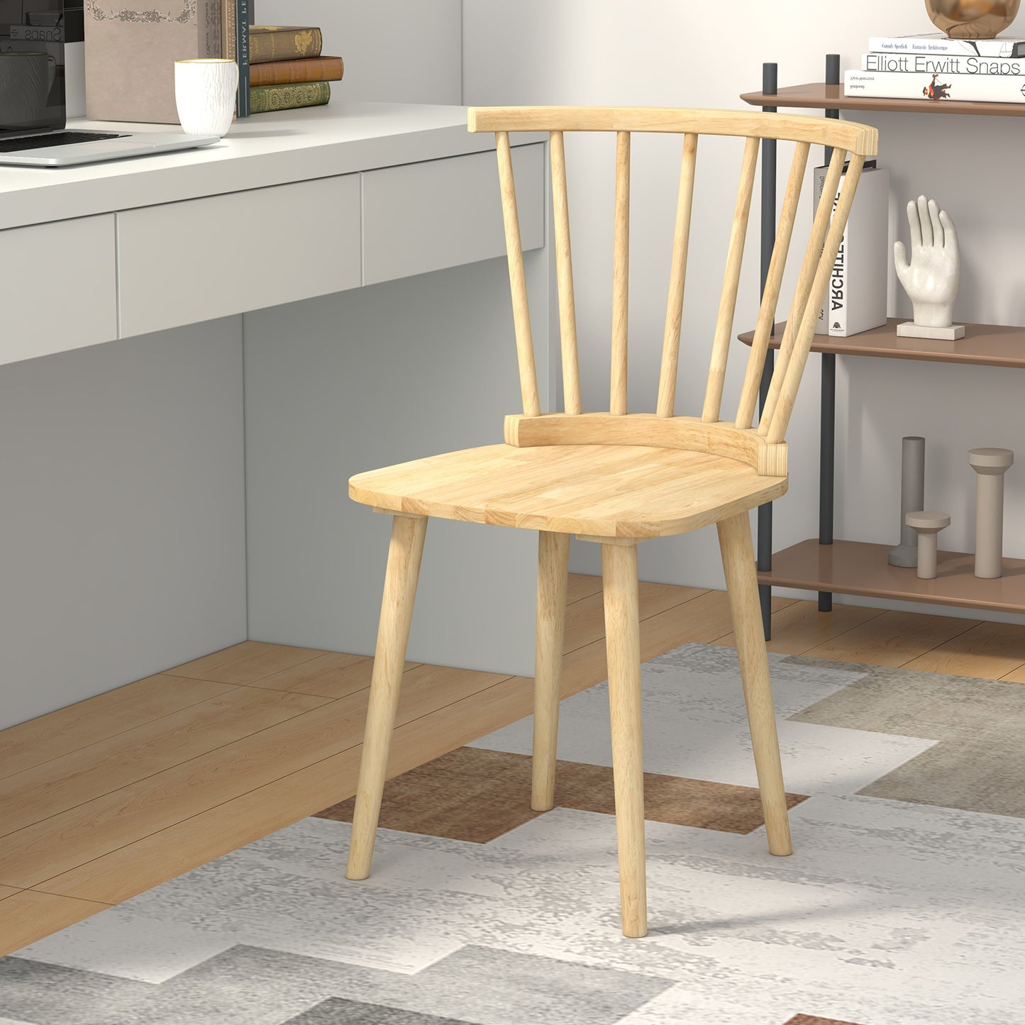 Set of 2 Windsor Dining Chairs with Spindle Back and Rubber Wood Frame - Natural Finish