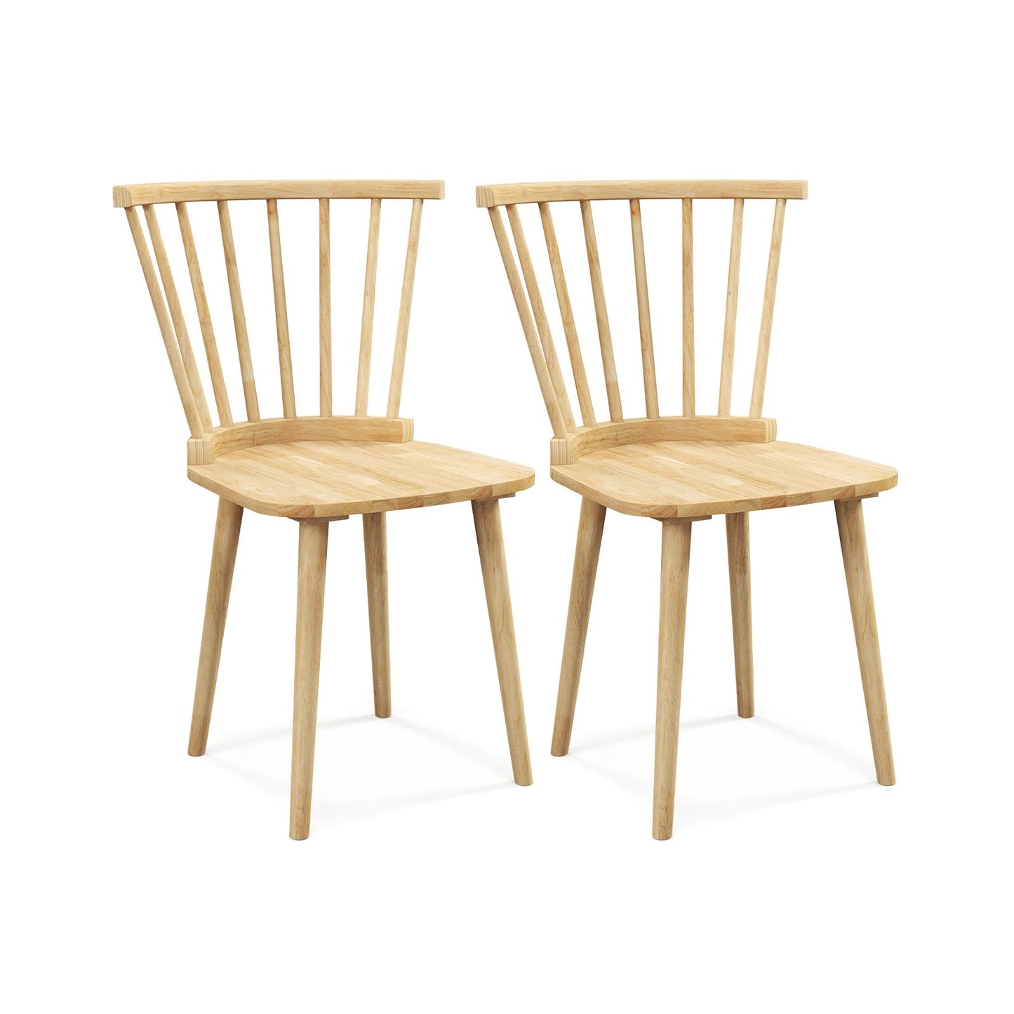 Set of 2 Windsor Dining Chairs with Spindle Back and Rubber Wood Frame - Natural Finish