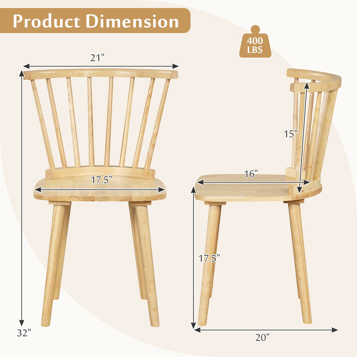 Set of 2 Windsor Dining Chairs with Spindle Back and Rubber Wood Frame - Natural Finish