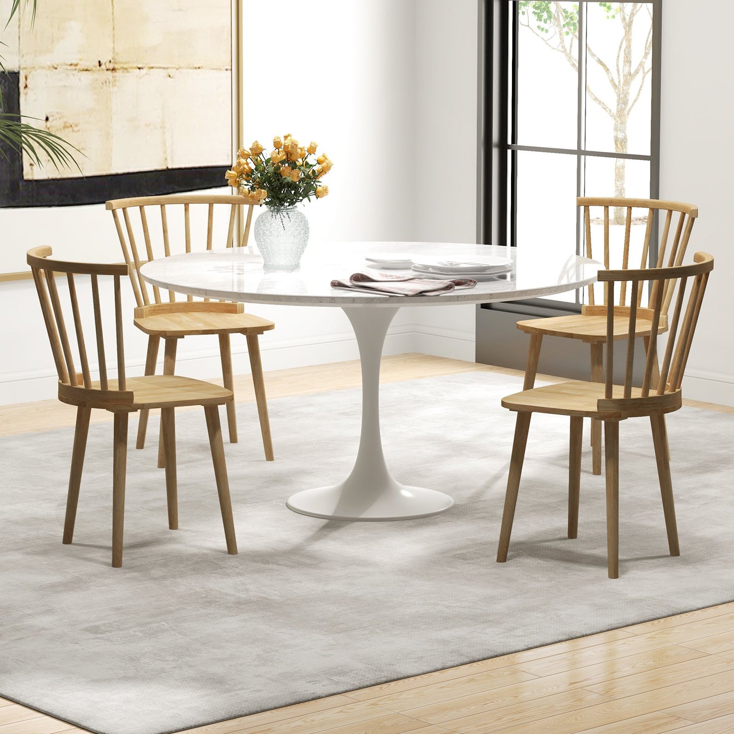 Set of 2 Windsor Dining Chairs with Spindle Back and Rubber Wood Frame - Natural Finish