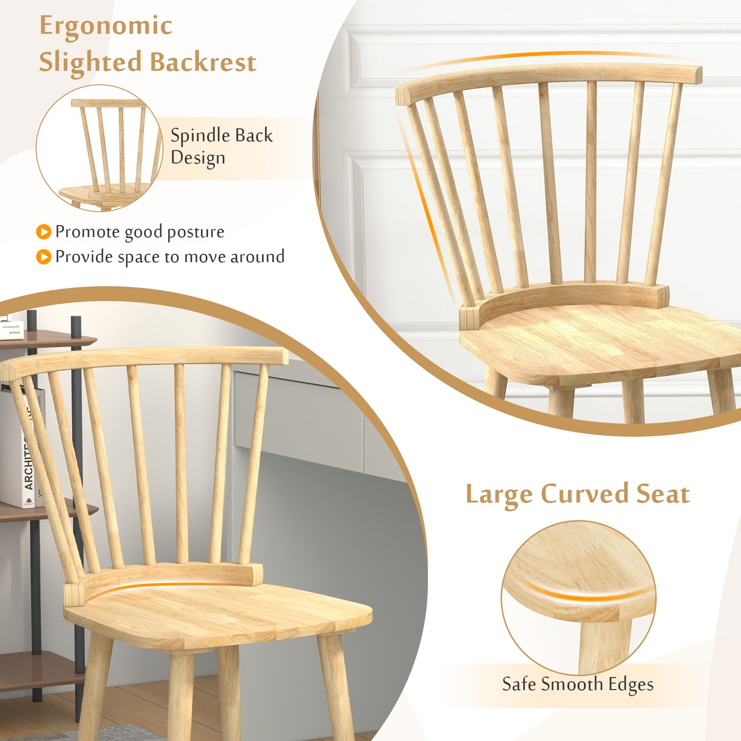Set of 2 Windsor Dining Chairs with Spindle Back and Rubber Wood Frame - Natural Finish