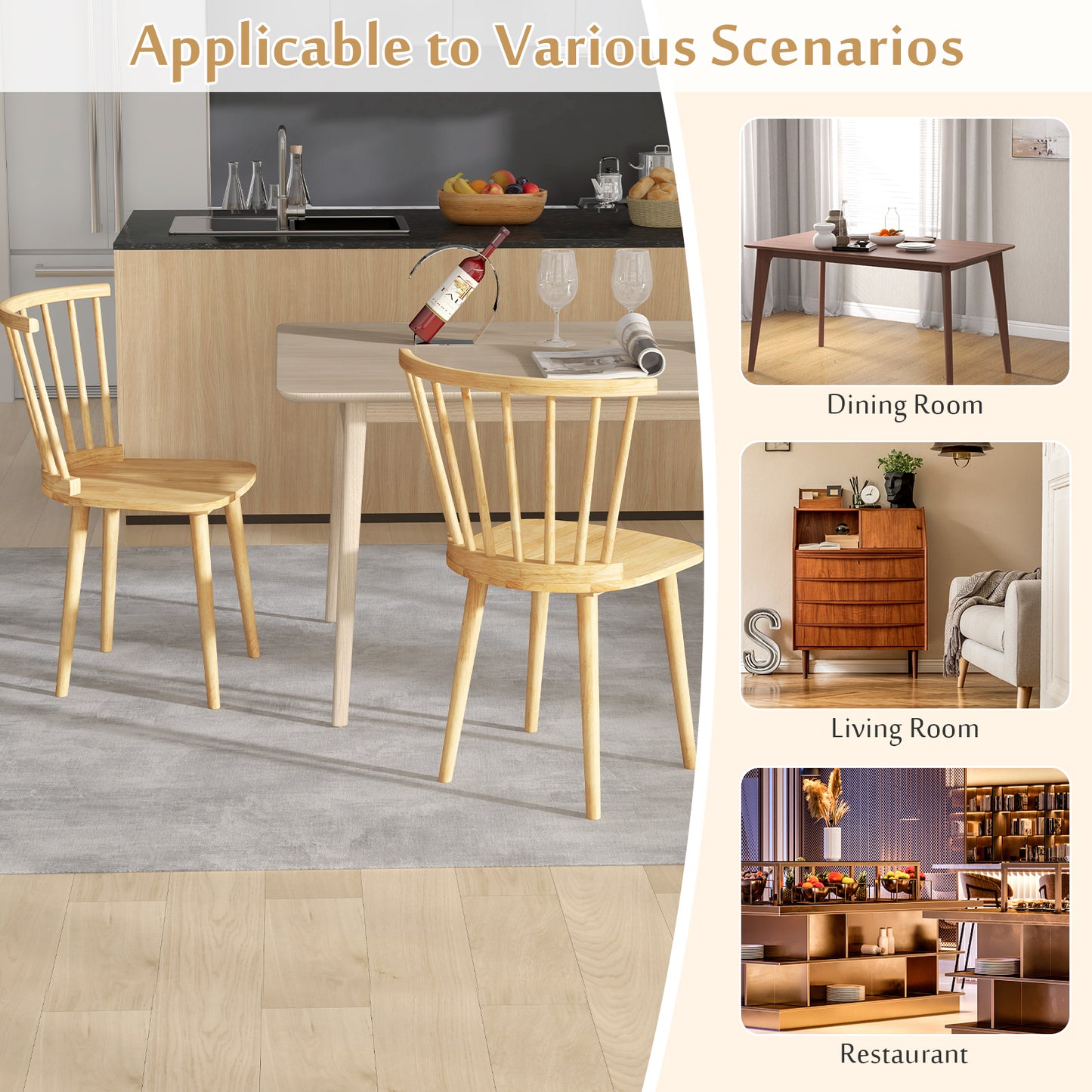 Set of 2 Windsor Dining Chairs with Spindle Back and Rubber Wood Frame - Natural Finish