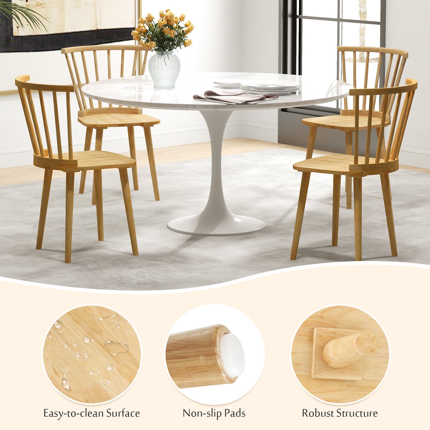 Set of 2 Windsor Dining Chairs with Spindle Back and Rubber Wood Frame - Natural Finish