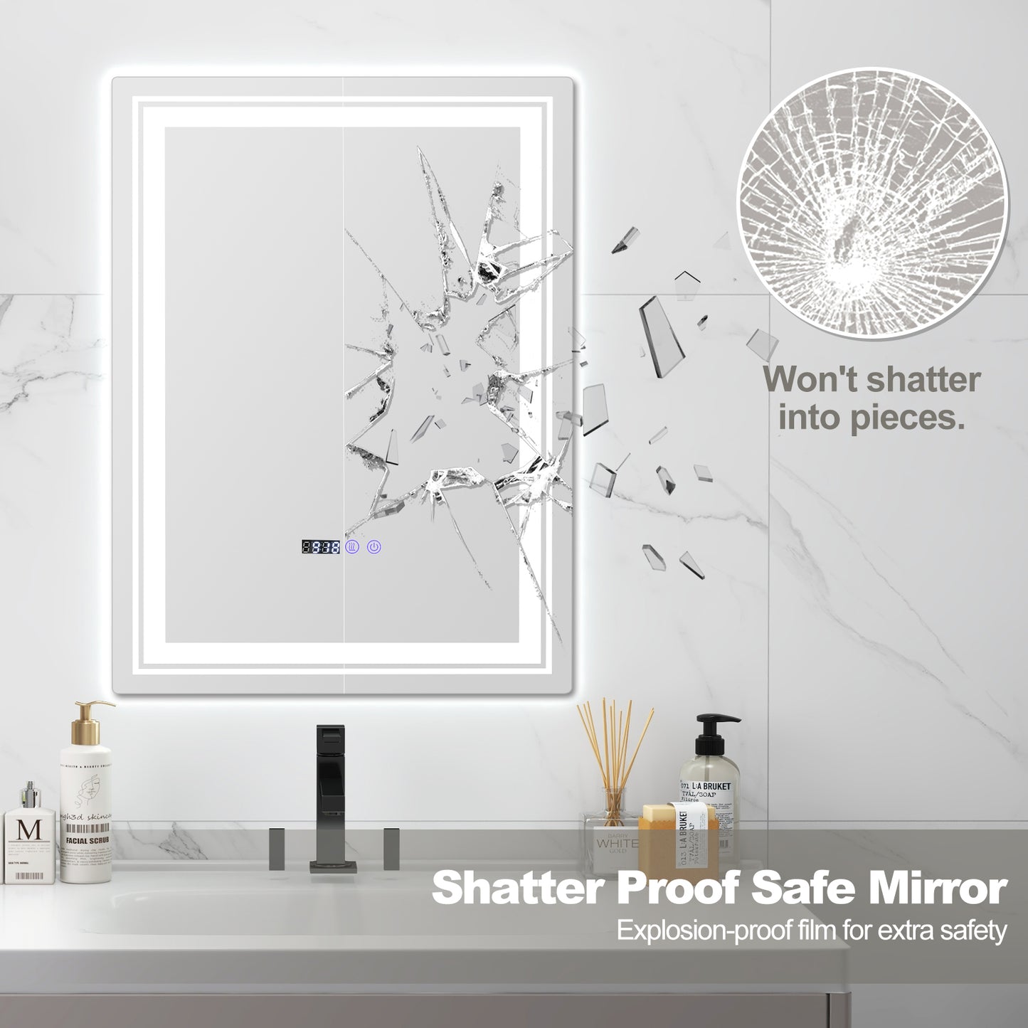 Smart LED Bathroom Mirror with Anti-Fog, Memory Function, and Adjustable Lighting