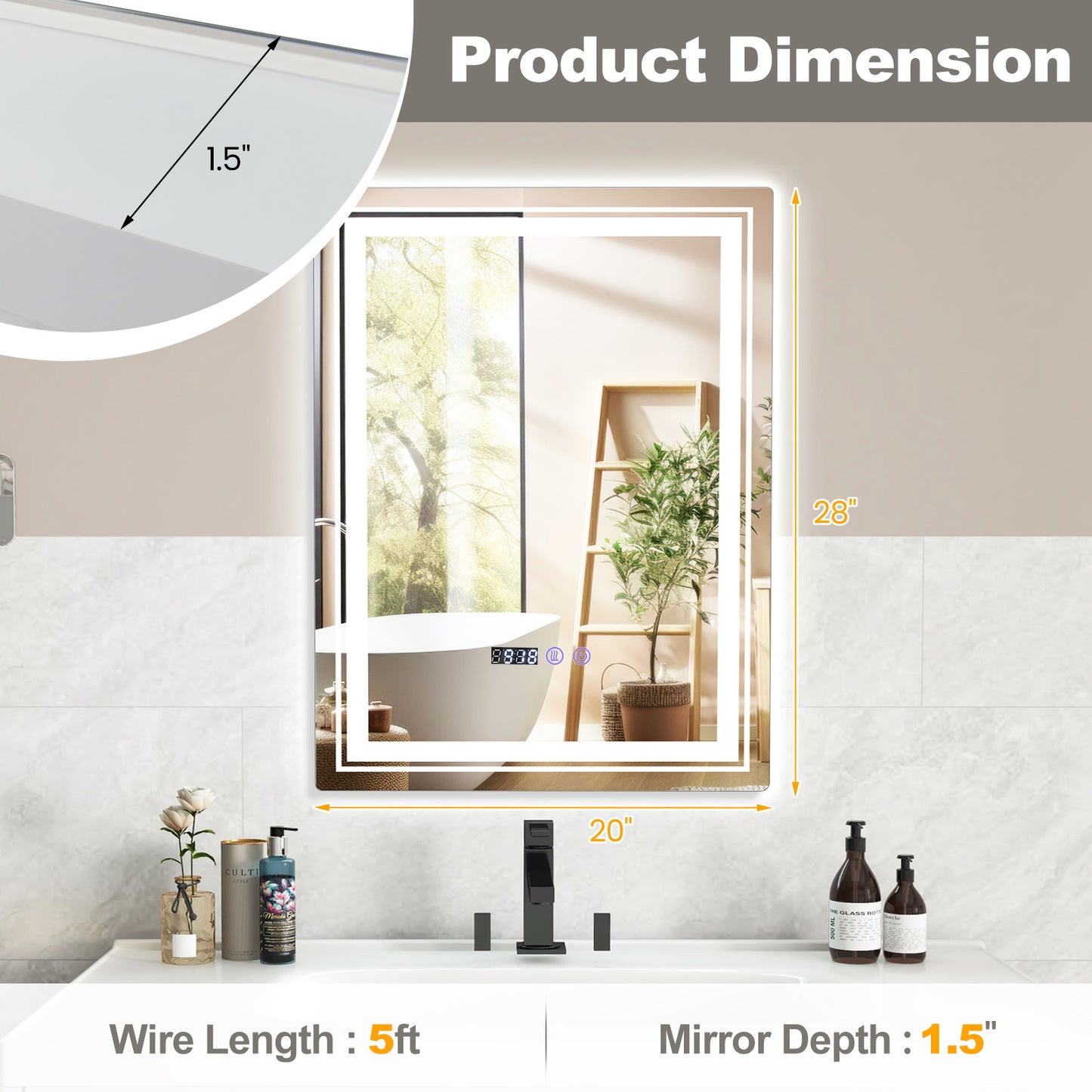 Smart LED Bathroom Mirror with Anti-Fog, Memory Function, and Adjustable Lighting