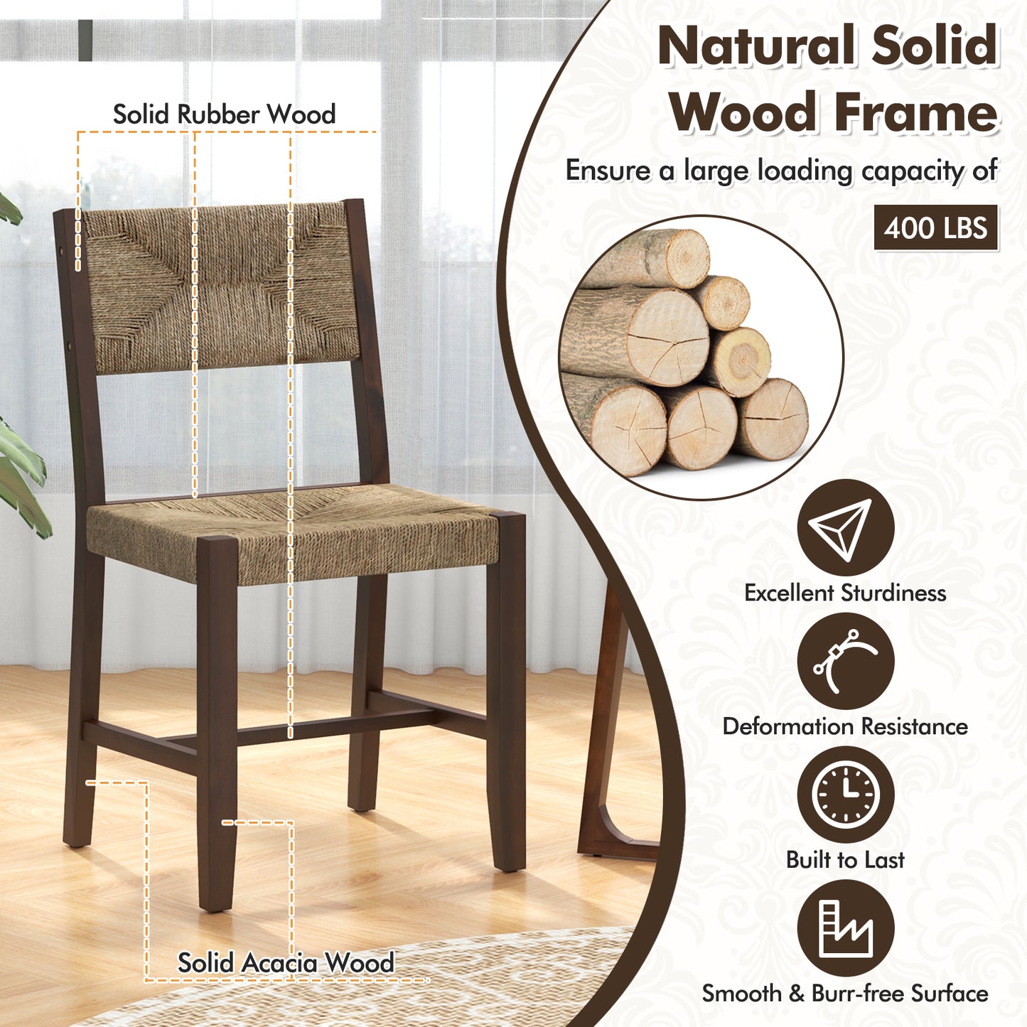 Boho Farmhouse Wooden Dining Chairs with Ergonomic Backrest and Comfortable Seat – Set of 2