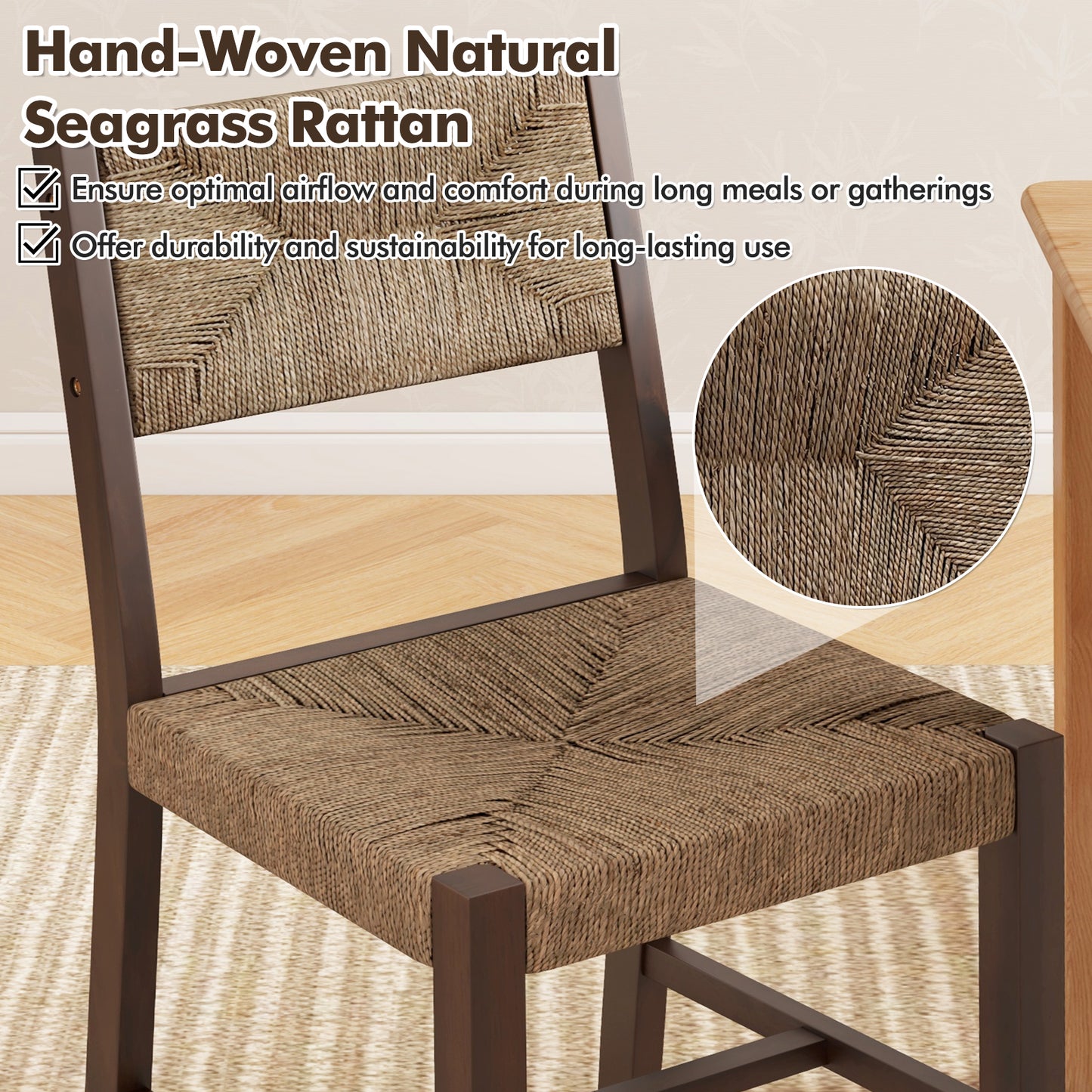 Boho Farmhouse Wooden Dining Chairs with Ergonomic Backrest and Comfortable Seat – Set of 2