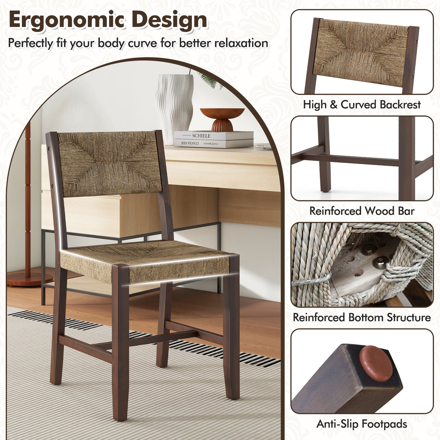 Boho Farmhouse Wooden Dining Chairs with Ergonomic Backrest and Comfortable Seat – Set of 2