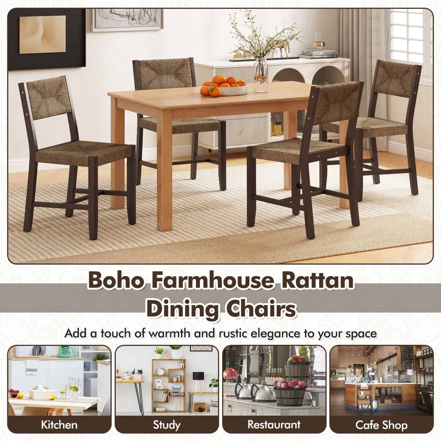Boho Farmhouse Wooden Dining Chairs with Ergonomic Backrest and Comfortable Seat – Set of 2