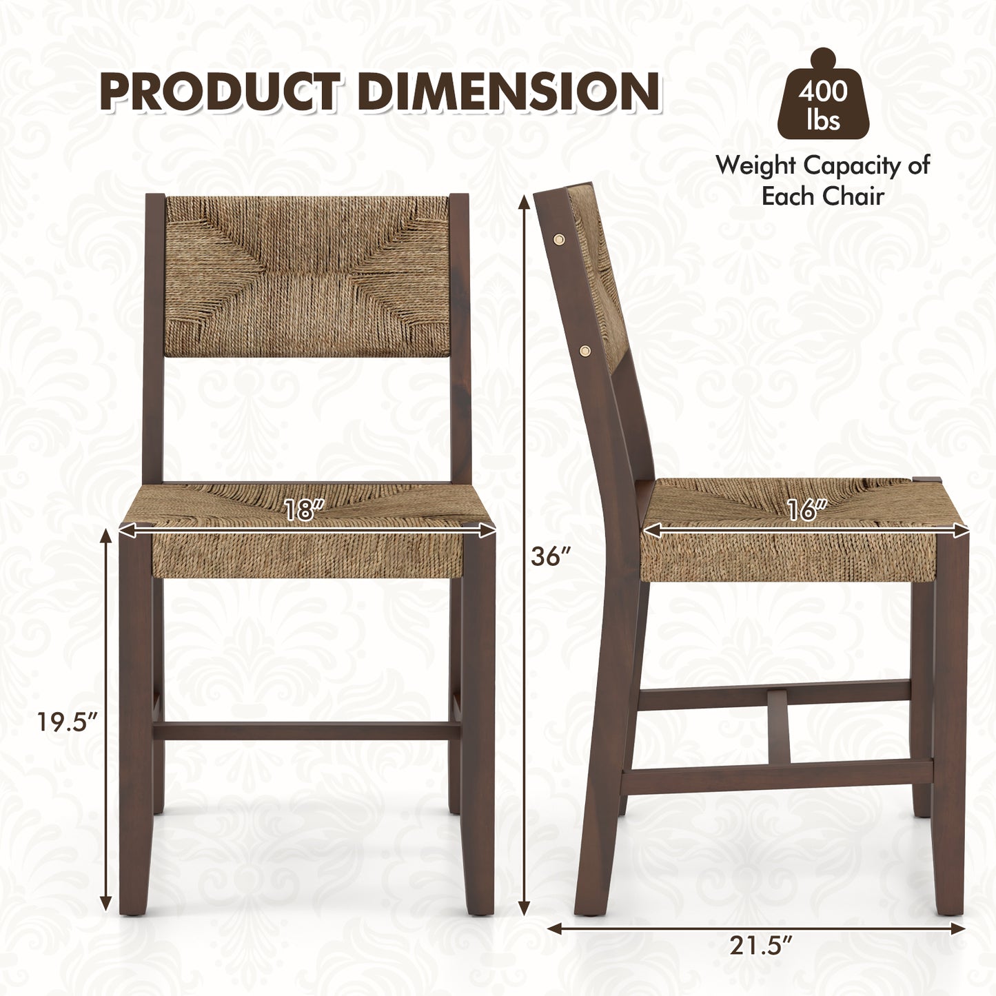 Boho Farmhouse Wooden Dining Chairs with Ergonomic Backrest and Comfortable Seat – Set of 2