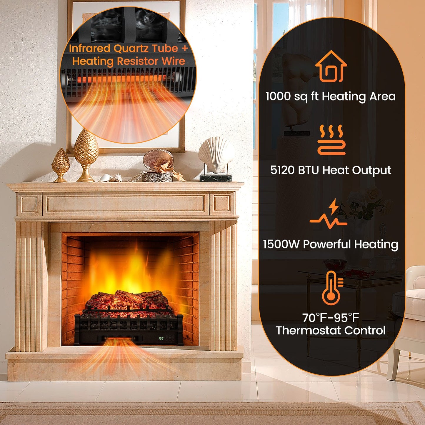26 Inch Infrared Quartz Electric Fireplace with Pinewood Ember Bed