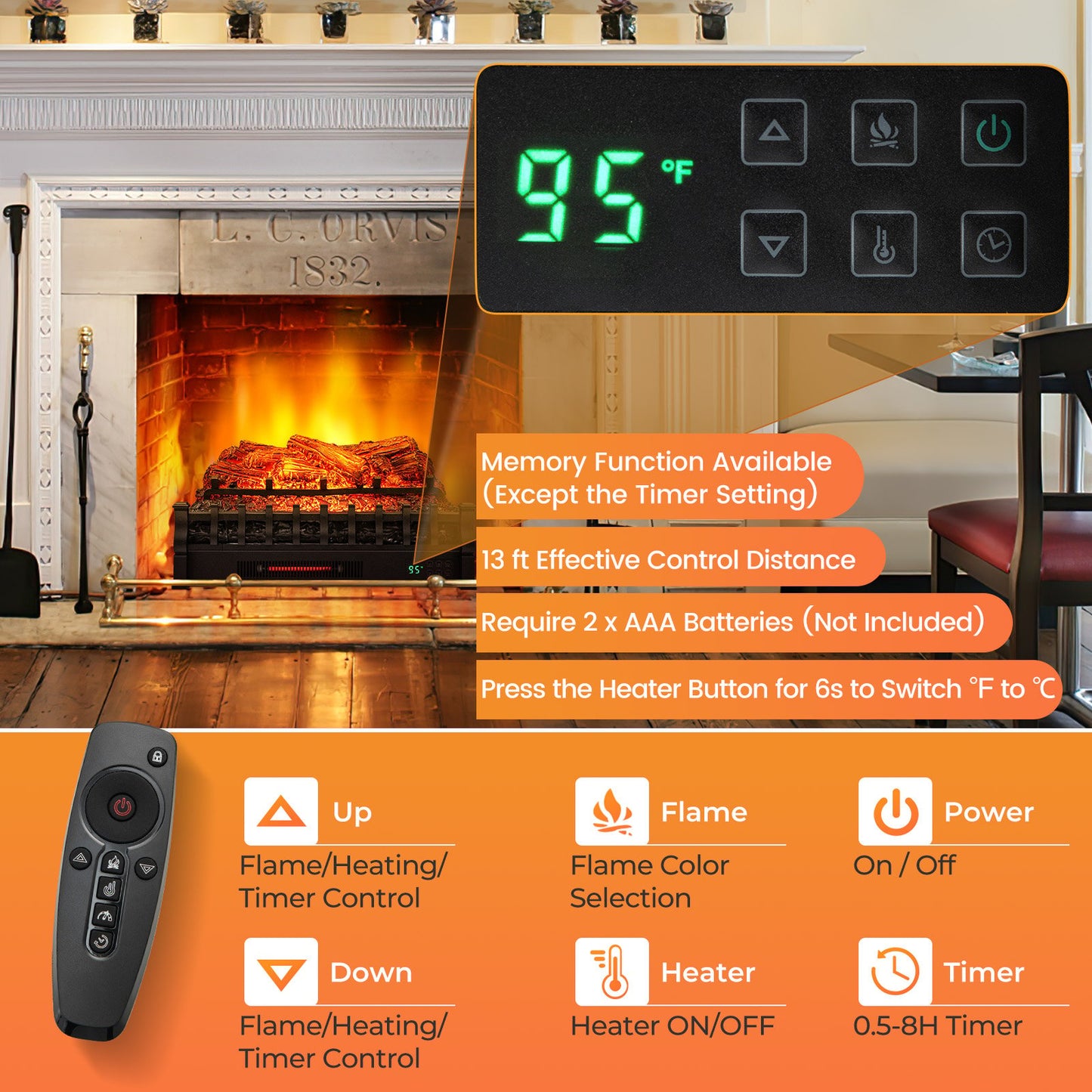 26 Inch Infrared Quartz Electric Fireplace with Pinewood Ember Bed