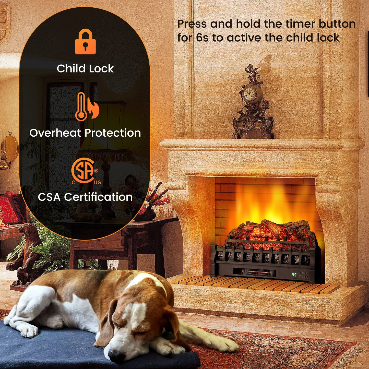 26 Inch Infrared Quartz Electric Fireplace with Pinewood Ember Bed