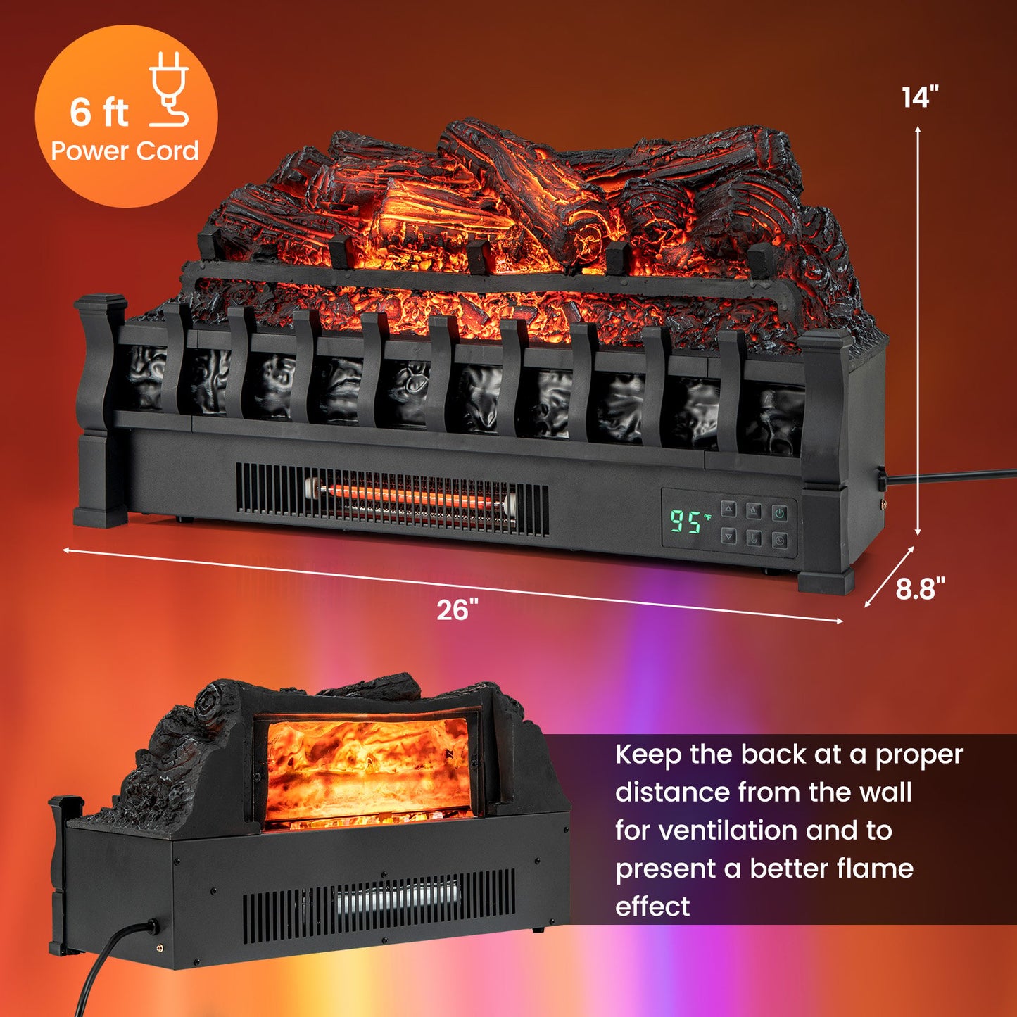 26 Inch Infrared Quartz Electric Fireplace with Pinewood Ember Bed