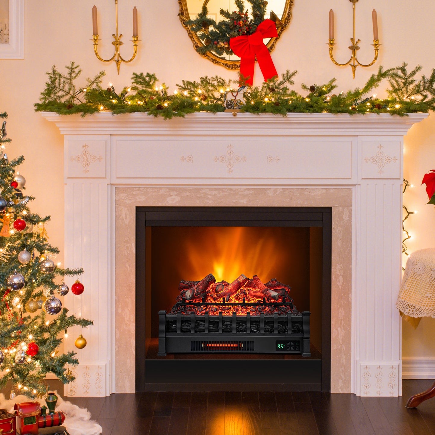 26 Inch Electric Fireplace Heater with Remote & Realistic Lemonwood Ember Bed