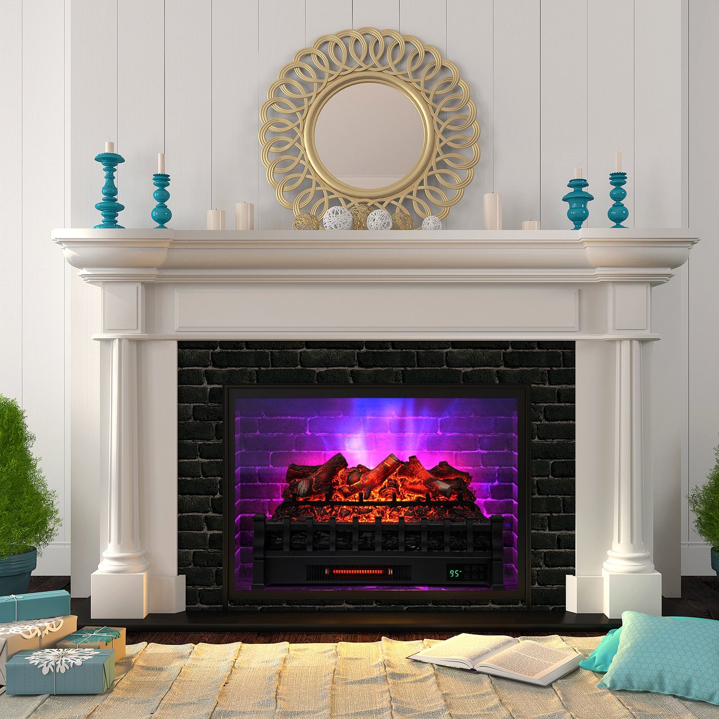 26 Inch Electric Fireplace Heater with Remote & Realistic Lemonwood Ember Bed