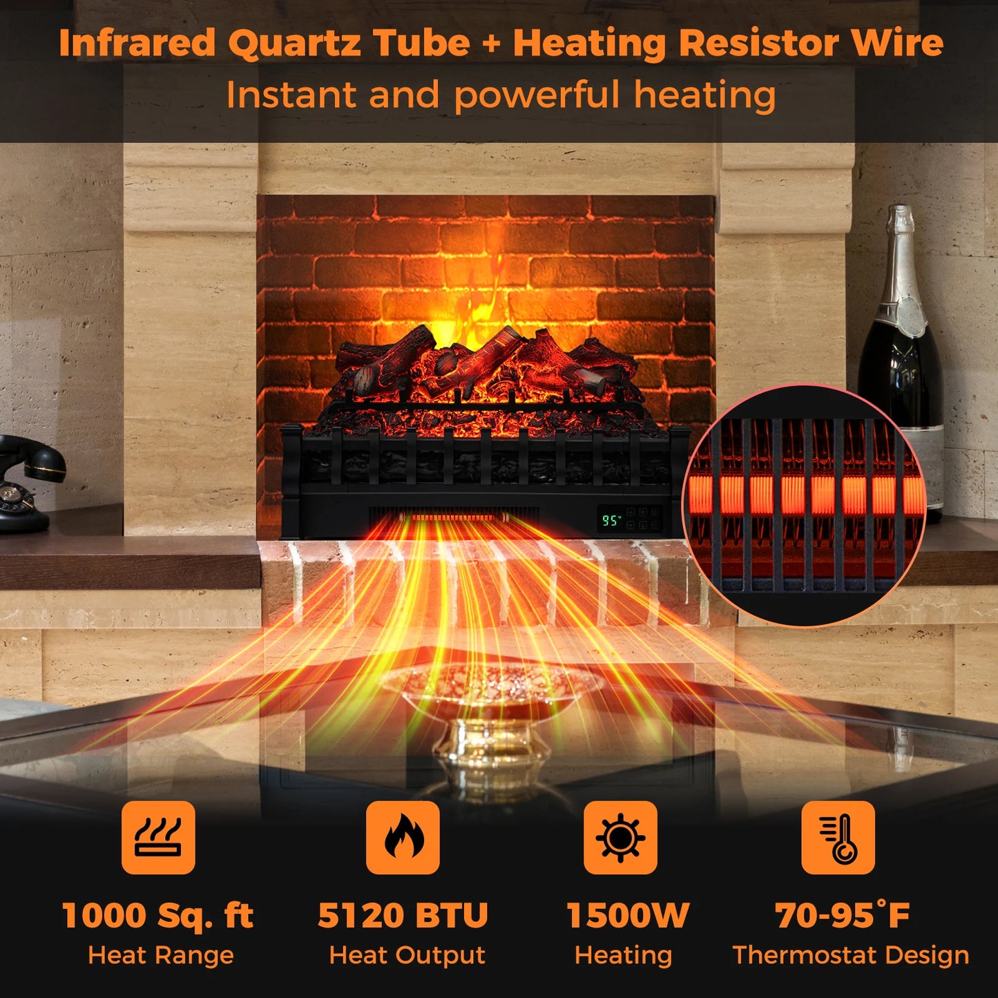 26 Inch Electric Fireplace Heater with Remote & Realistic Lemonwood Ember Bed