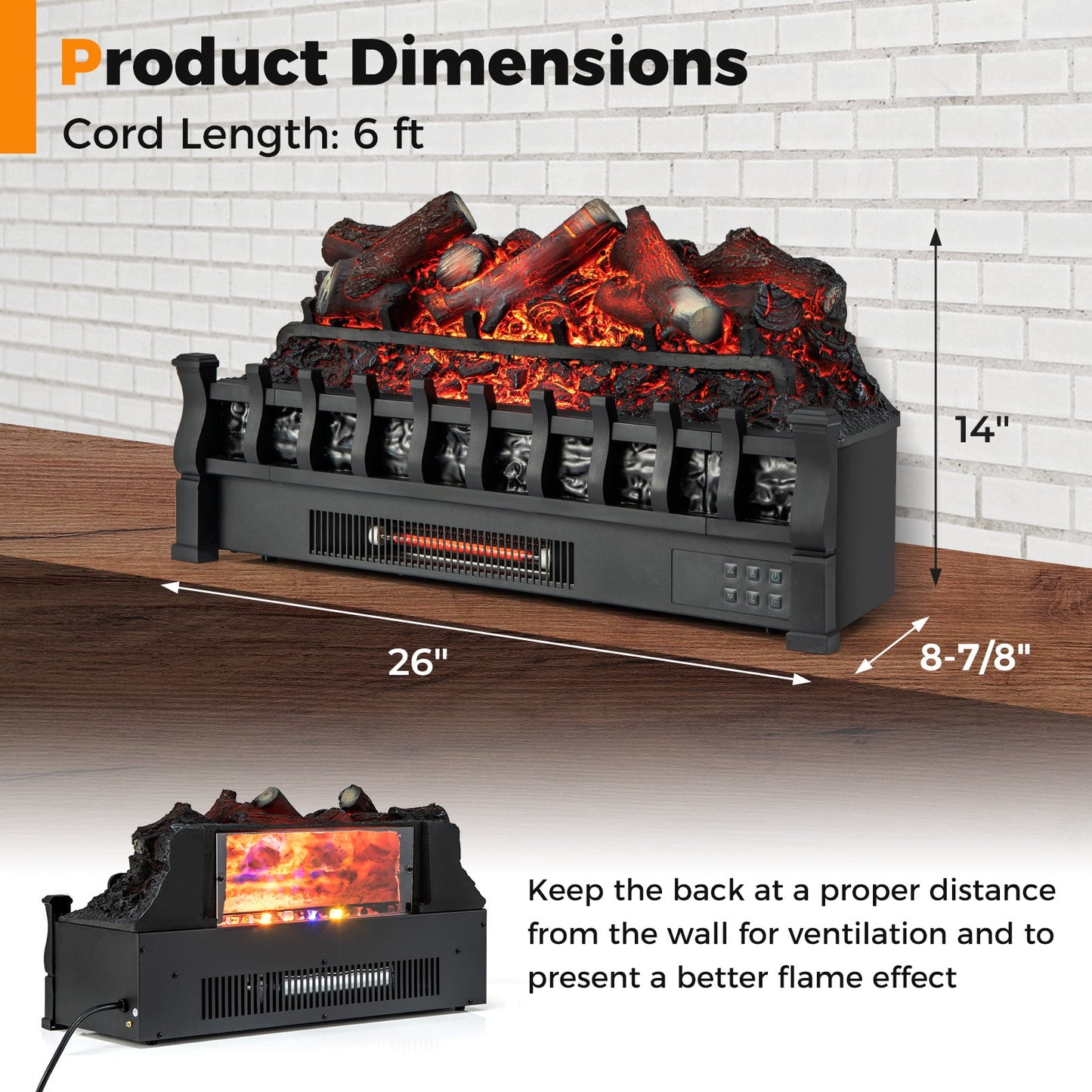 26 Inch Electric Fireplace Heater with Remote & Realistic Lemonwood Ember Bed