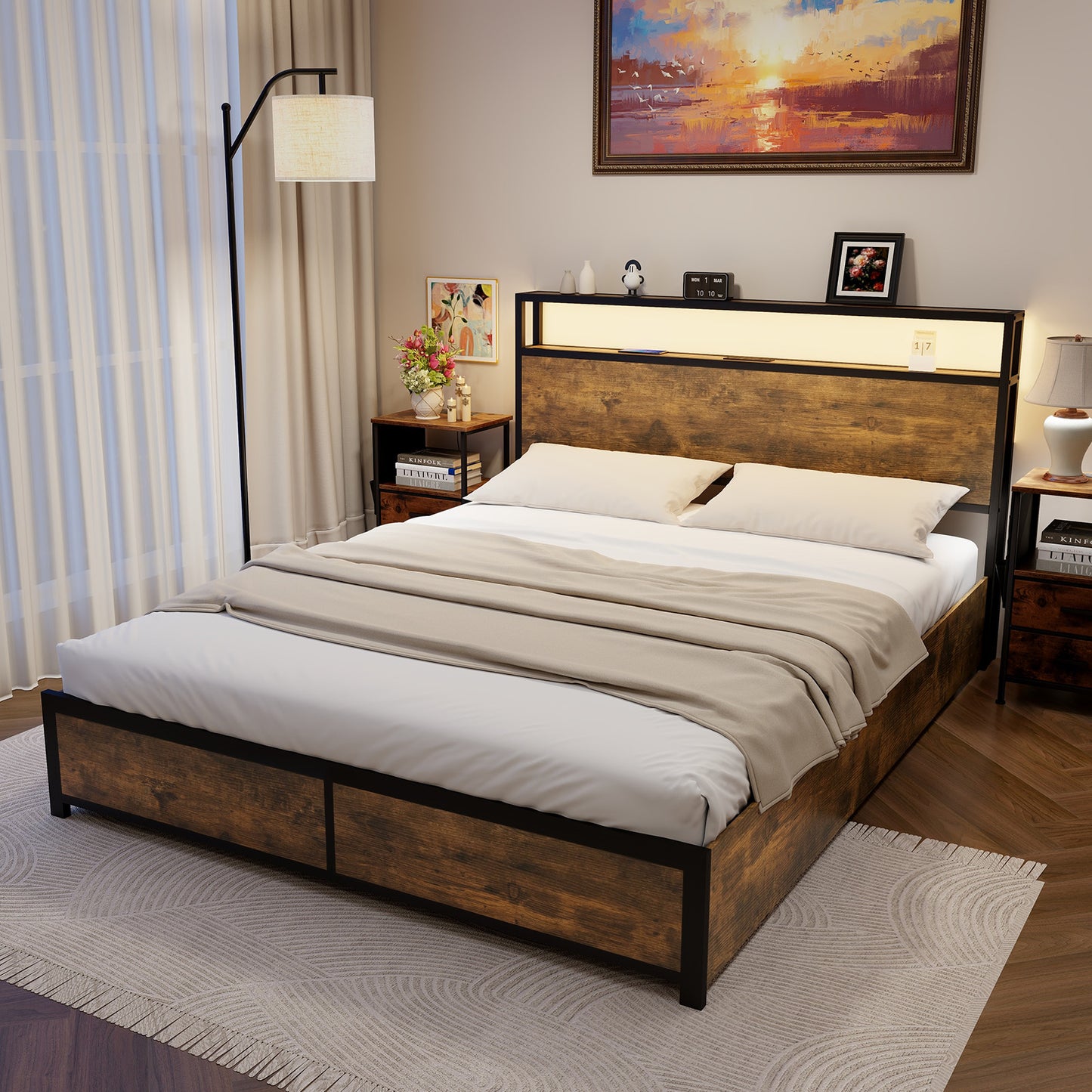 Smart LED Light Bed Frame with Storage Drawers - Queen Size