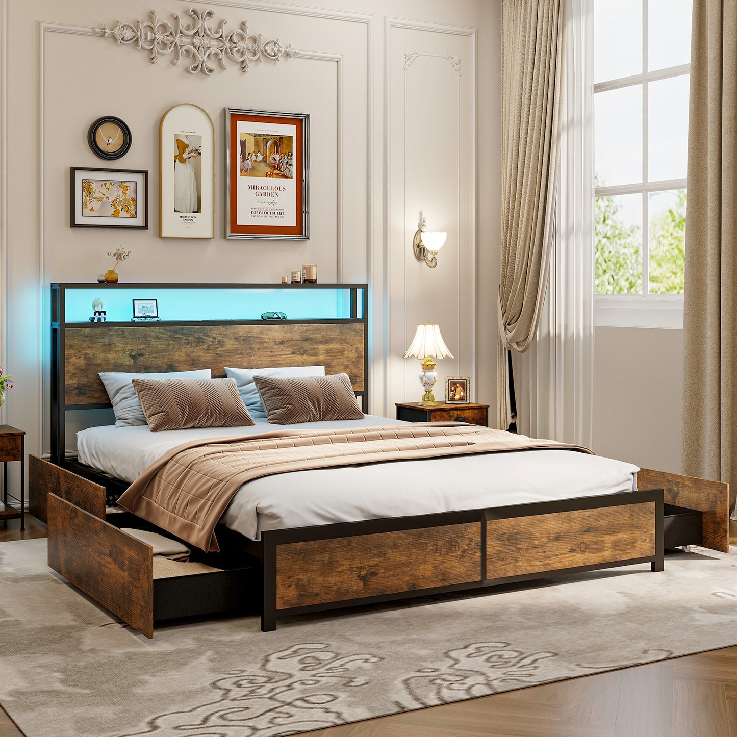 Smart LED Light Bed Frame with Storage Drawers - Queen Size