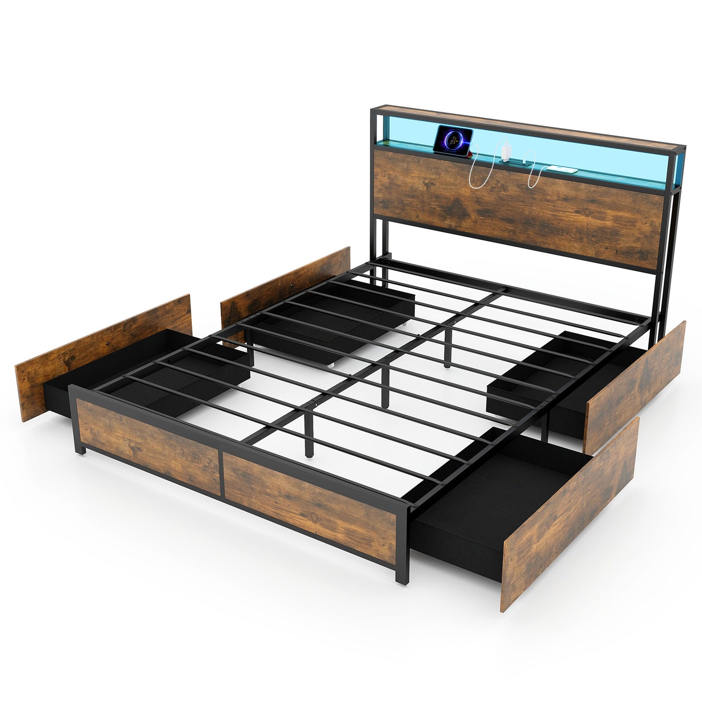 Smart LED Light Bed Frame with Storage Drawers - Queen Size