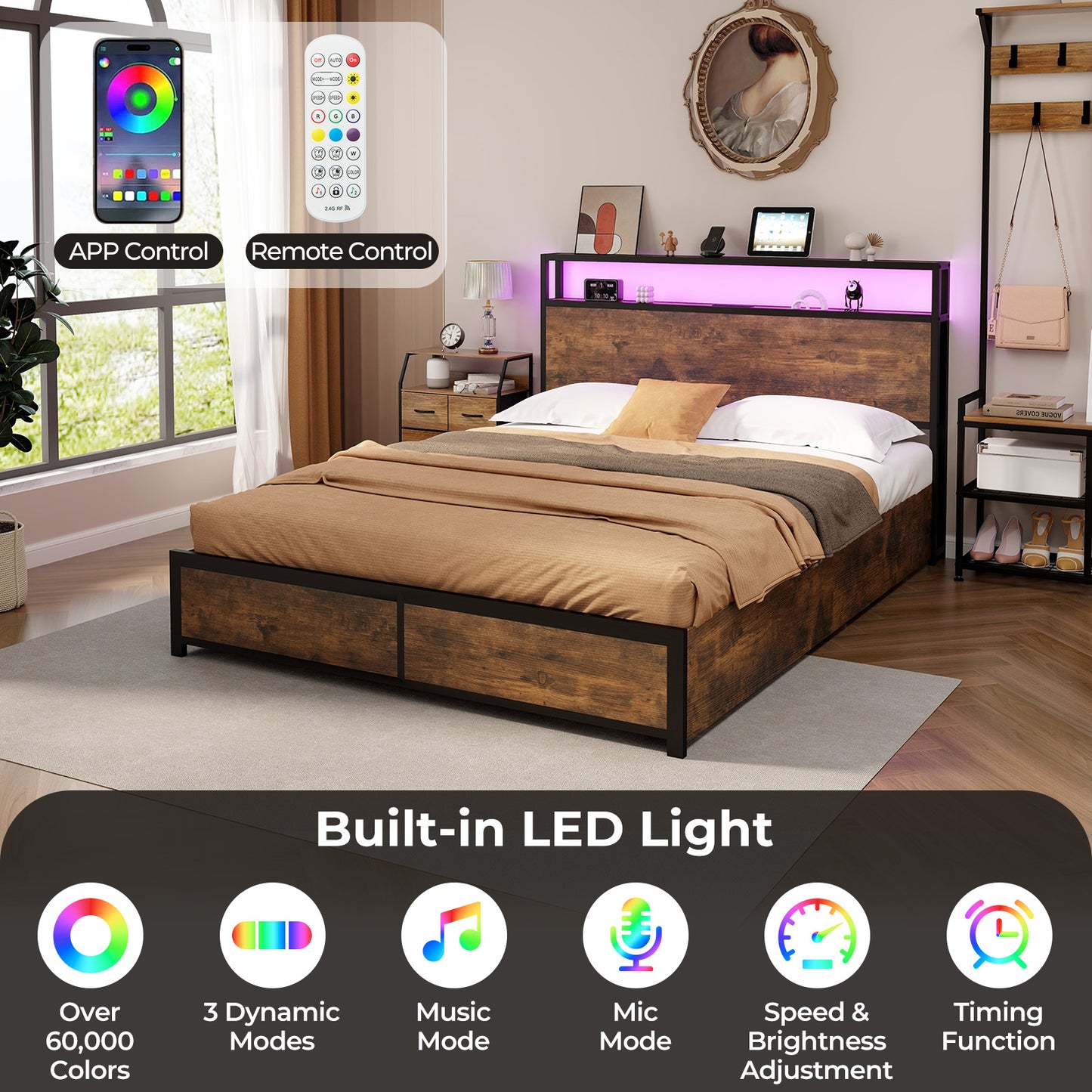 Smart LED Light Bed Frame with Storage Drawers - Queen Size