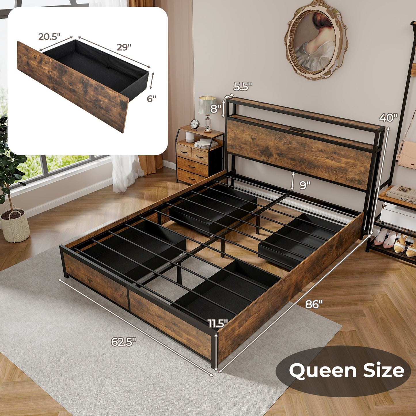 Smart LED Light Bed Frame with Storage Drawers - Queen Size