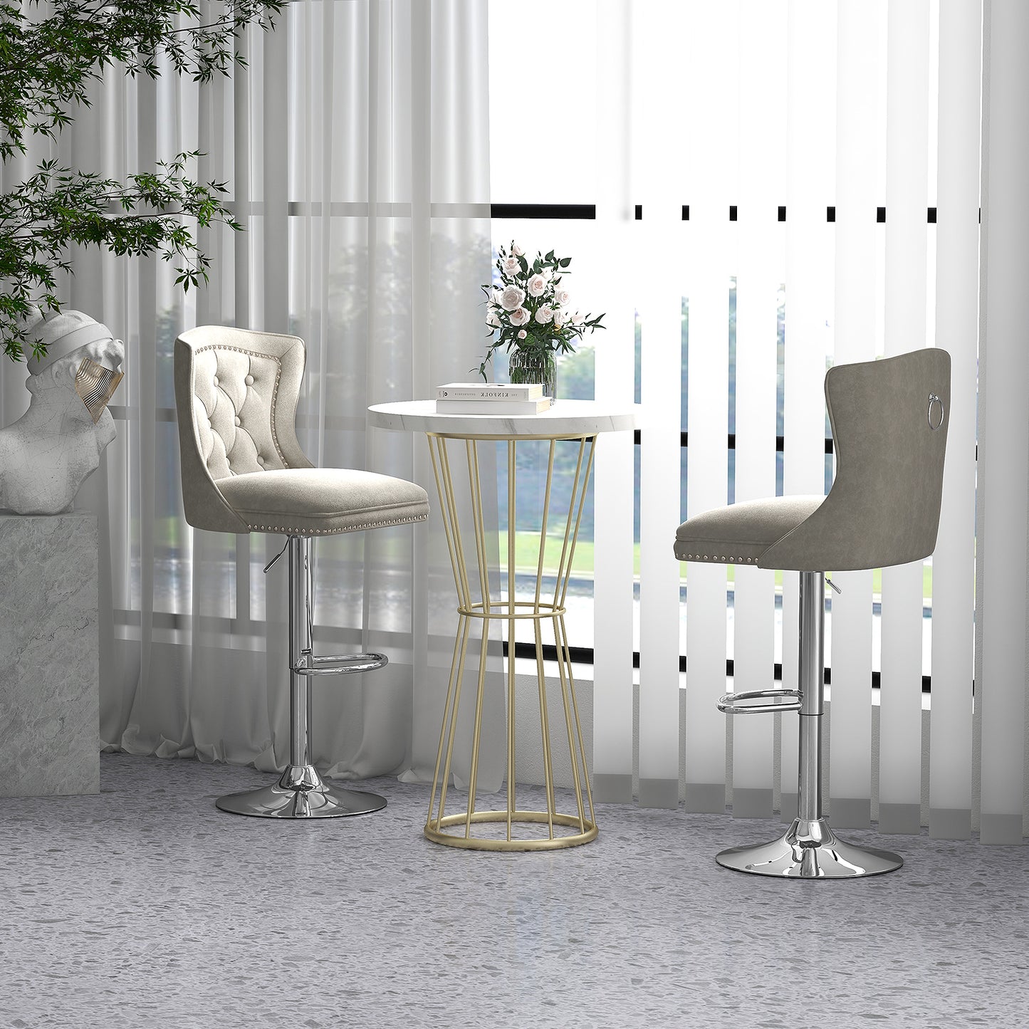 360° Swivel Velvet Bar Stools Set of 2 with Adjustable Footrest and Electroplated Metal Base - Grey