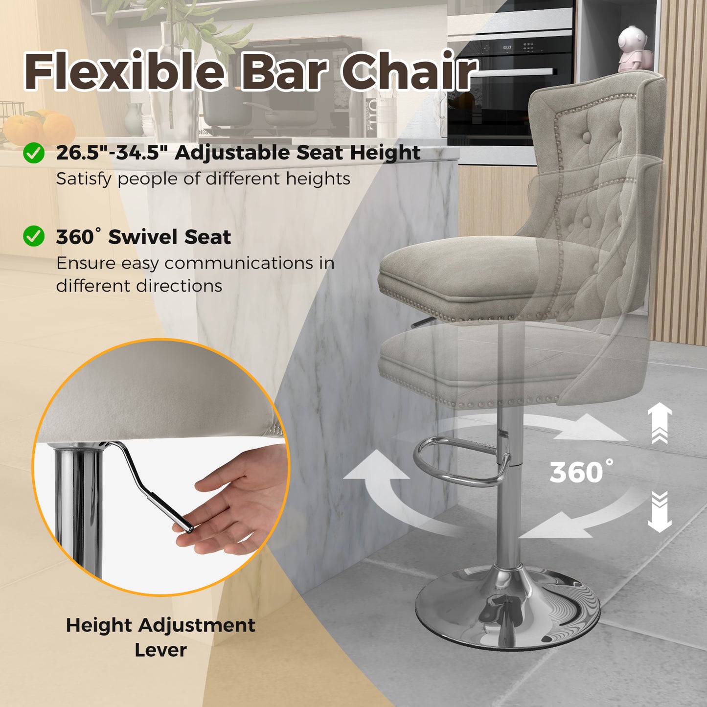 360° Swivel Velvet Bar Stools Set of 2 with Adjustable Footrest and Electroplated Metal Base - Grey
