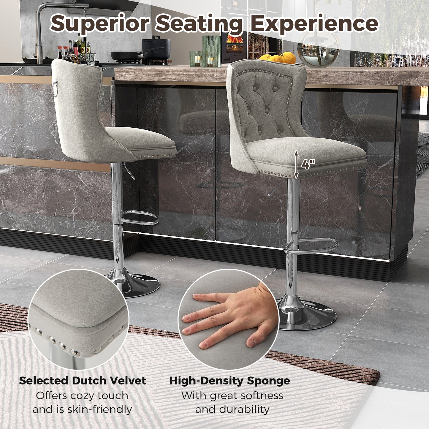 360° Swivel Velvet Bar Stools Set of 2 with Adjustable Footrest and Electroplated Metal Base - Grey