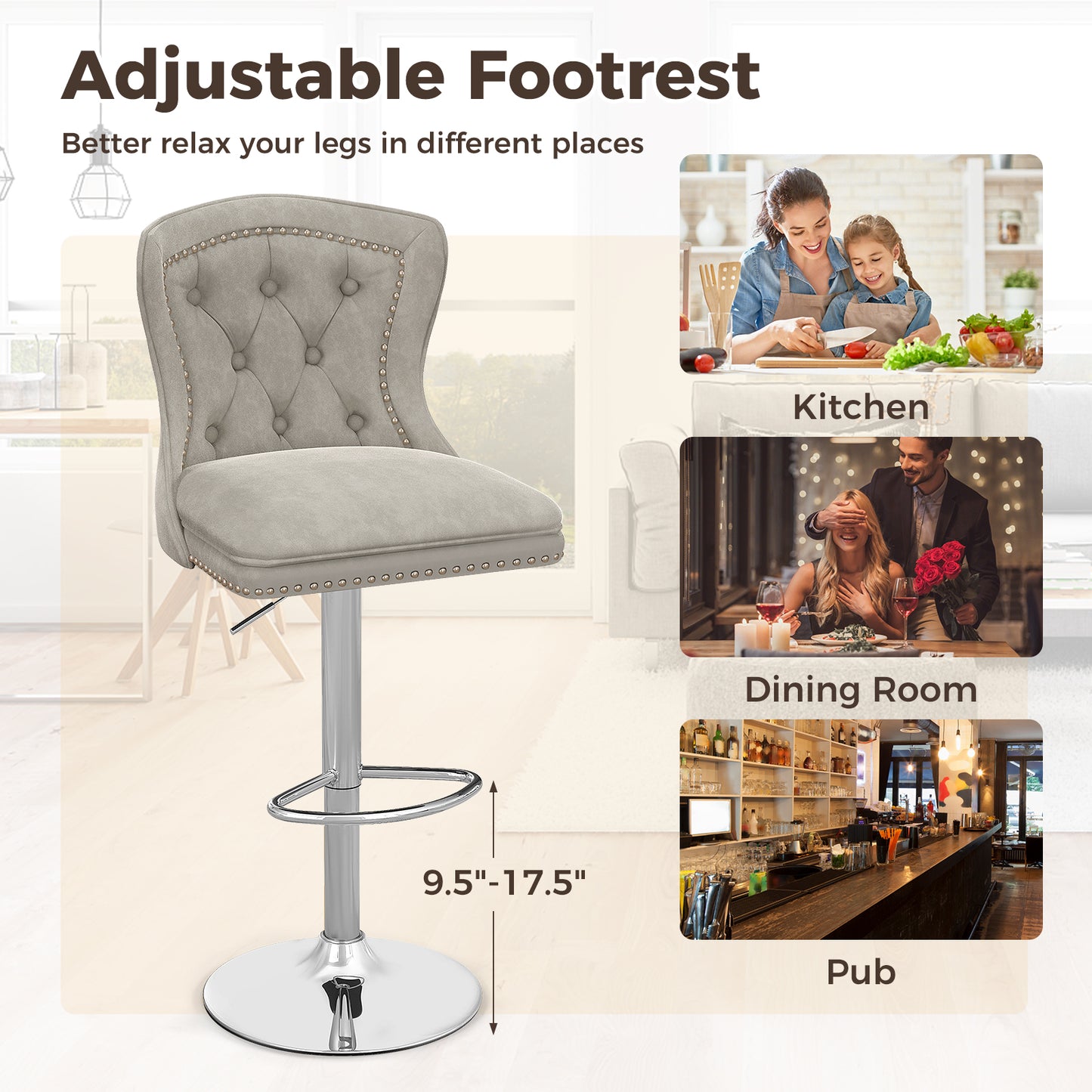 360° Swivel Velvet Bar Stools Set of 2 with Adjustable Footrest and Electroplated Metal Base - Grey