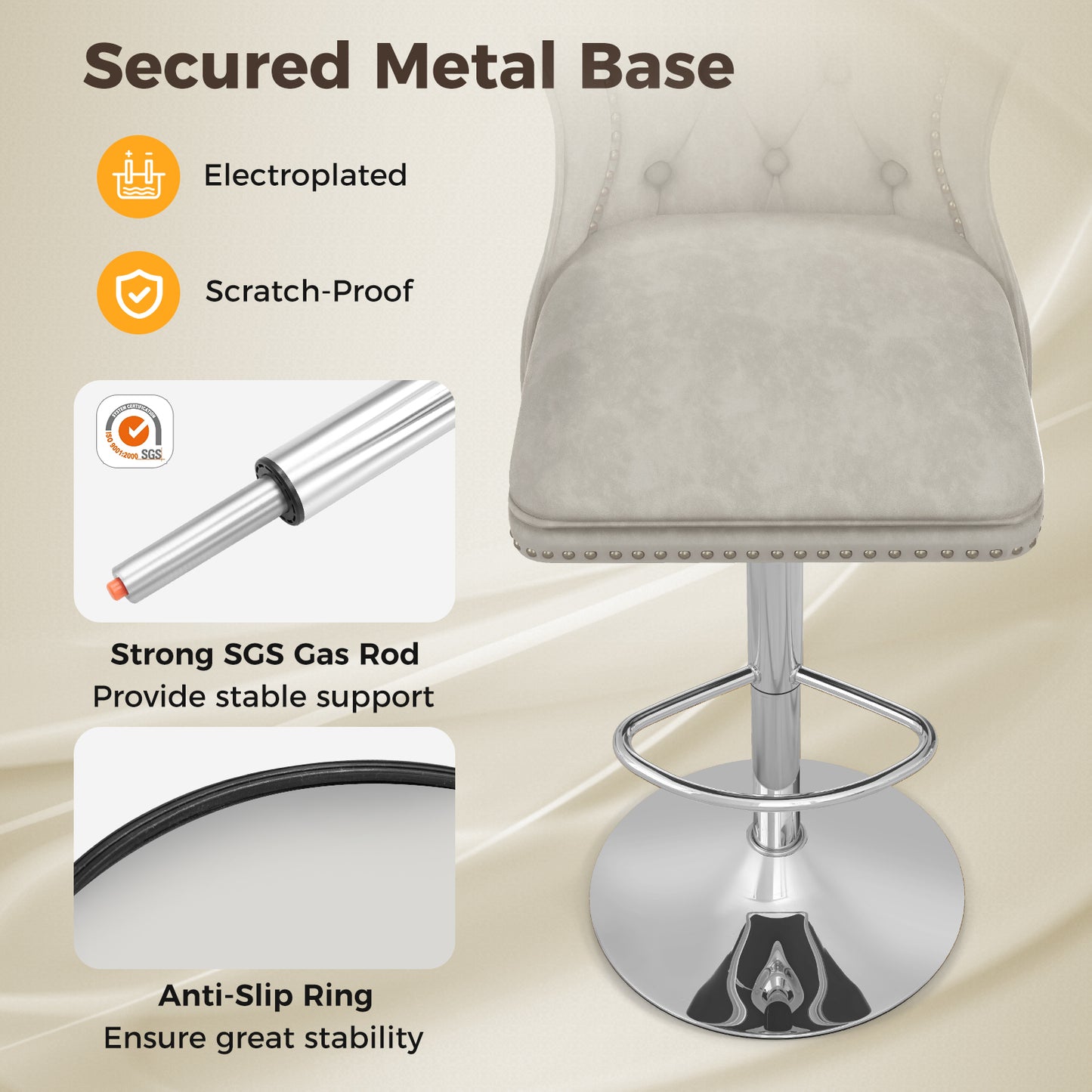 360° Swivel Velvet Bar Stools Set of 2 with Adjustable Footrest and Electroplated Metal Base - Grey