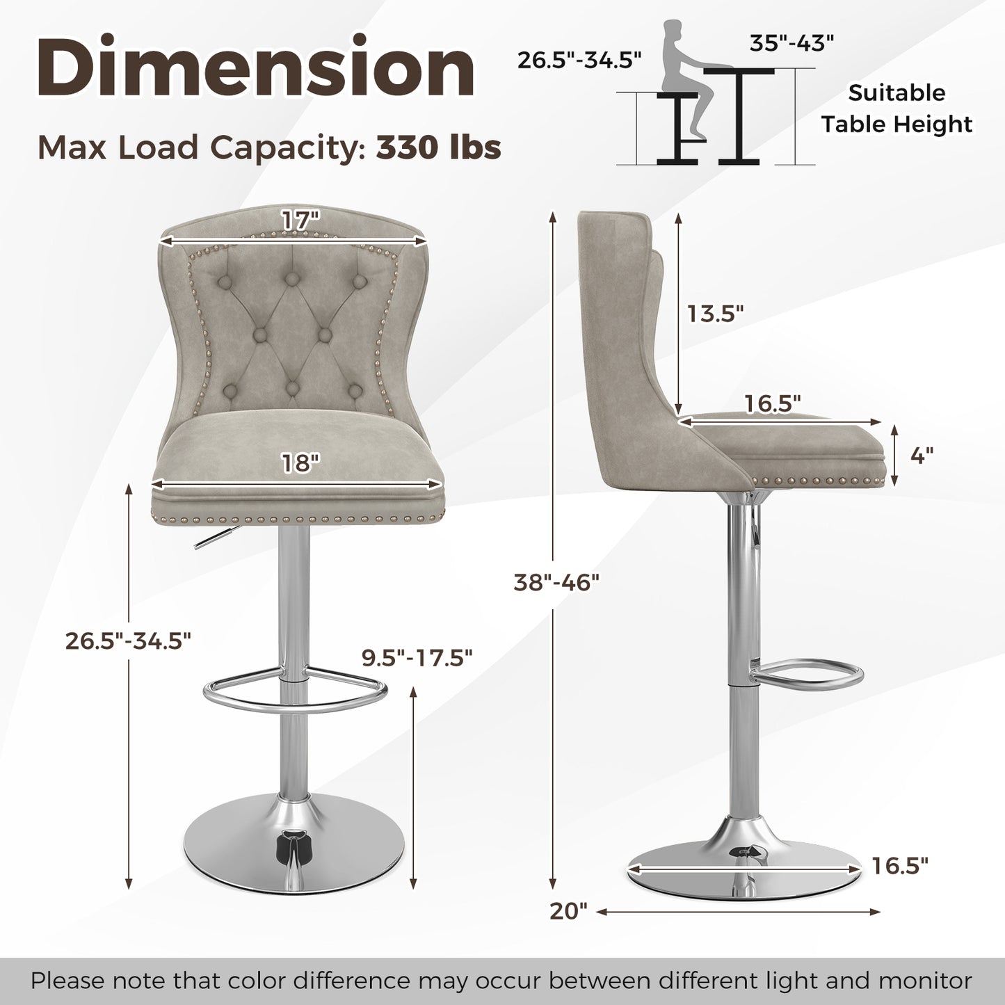 360° Swivel Velvet Bar Stools Set of 2 with Adjustable Footrest and Electroplated Metal Base - Grey
