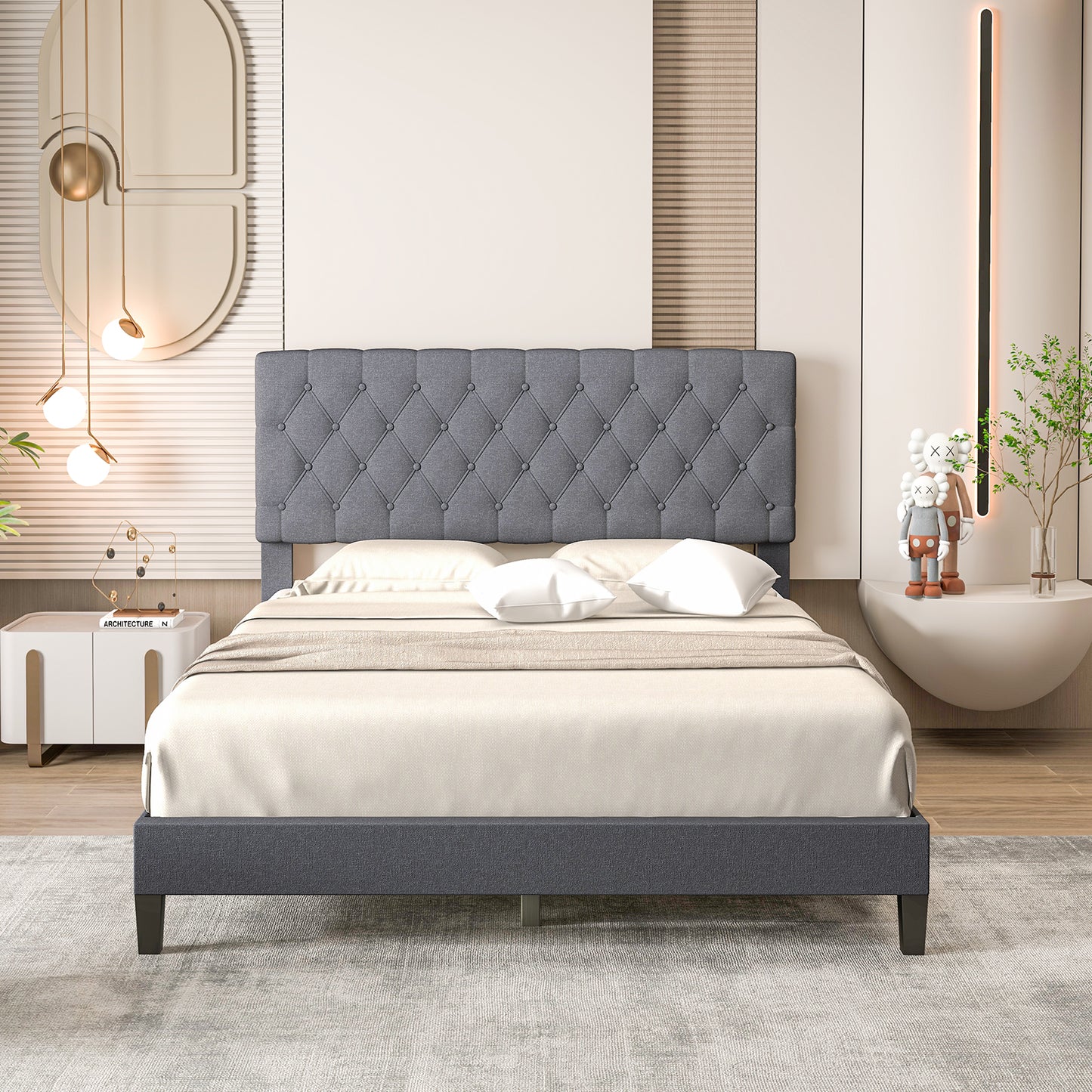 Elegant Queen Size Upholstered Platform Bed with Tufted Headboard in Grey