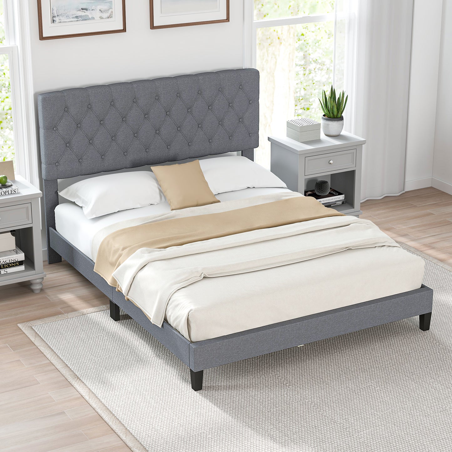 Elegant Queen Size Upholstered Platform Bed with Tufted Headboard in Grey