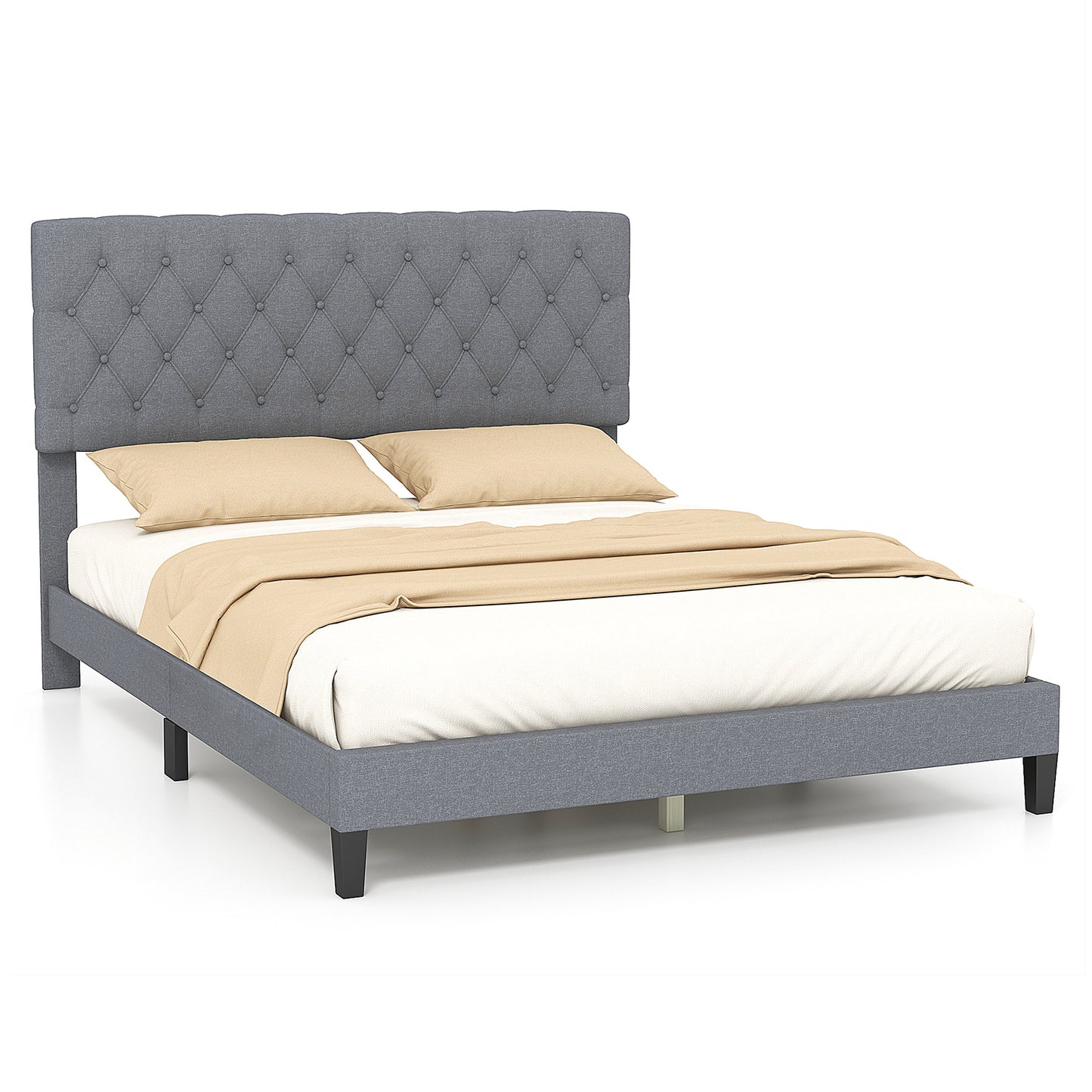 Elegant Queen Size Upholstered Platform Bed with Tufted Headboard in Grey