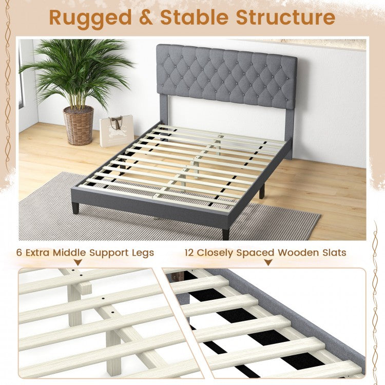 Elegant Queen Size Upholstered Platform Bed with Tufted Headboard in Grey