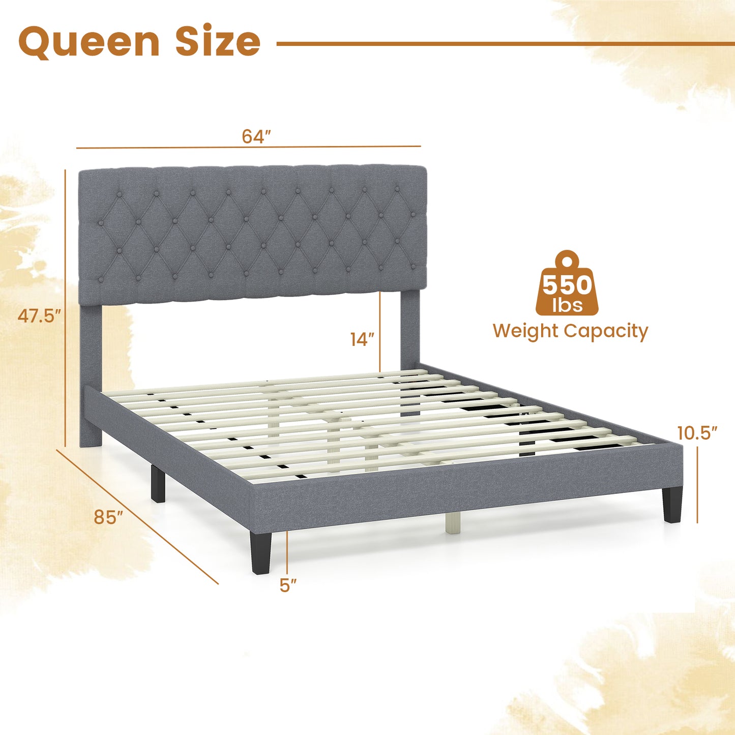 Elegant Queen Size Upholstered Platform Bed with Tufted Headboard in Grey