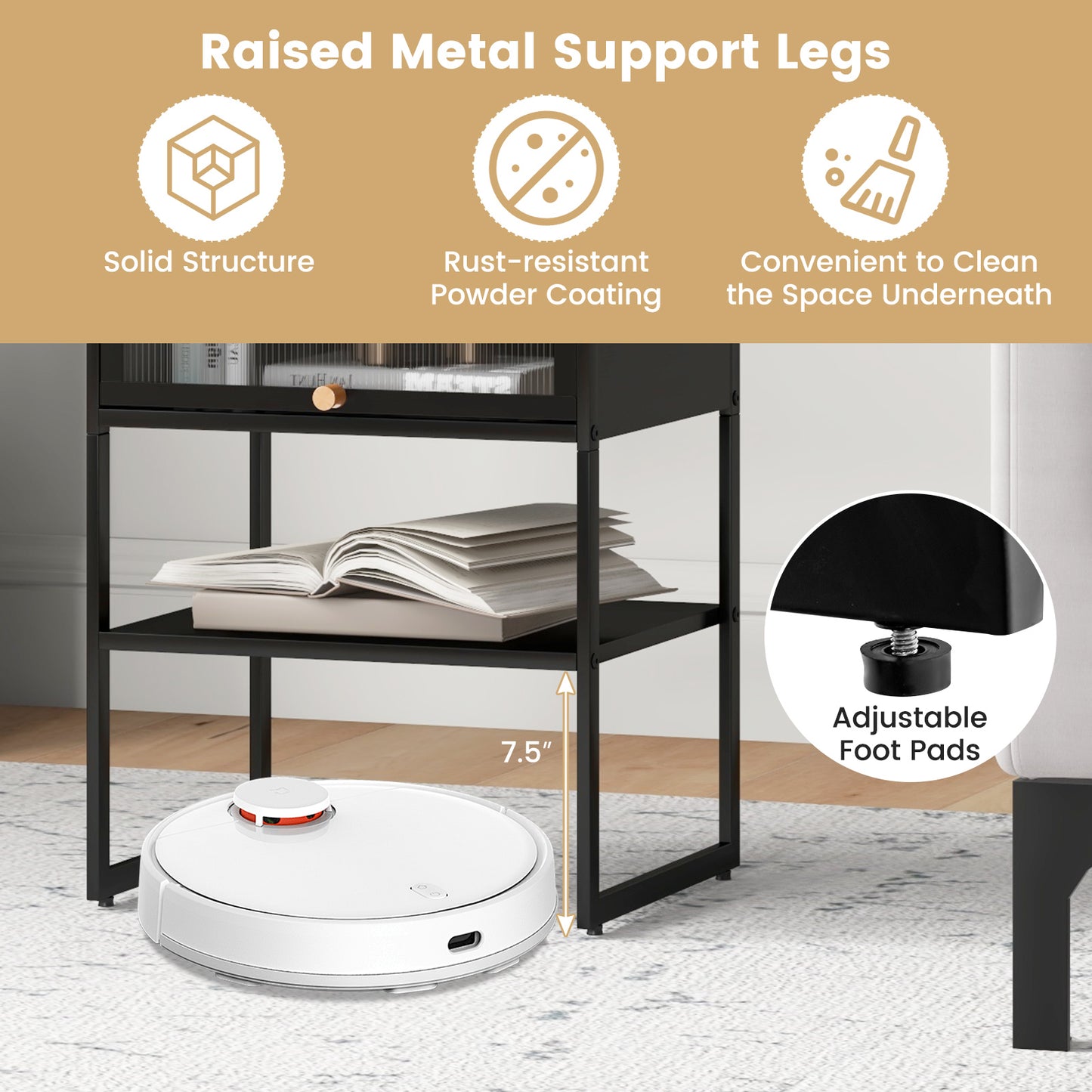 Nightstand with Flip Up Door and Storage Shelf in Black