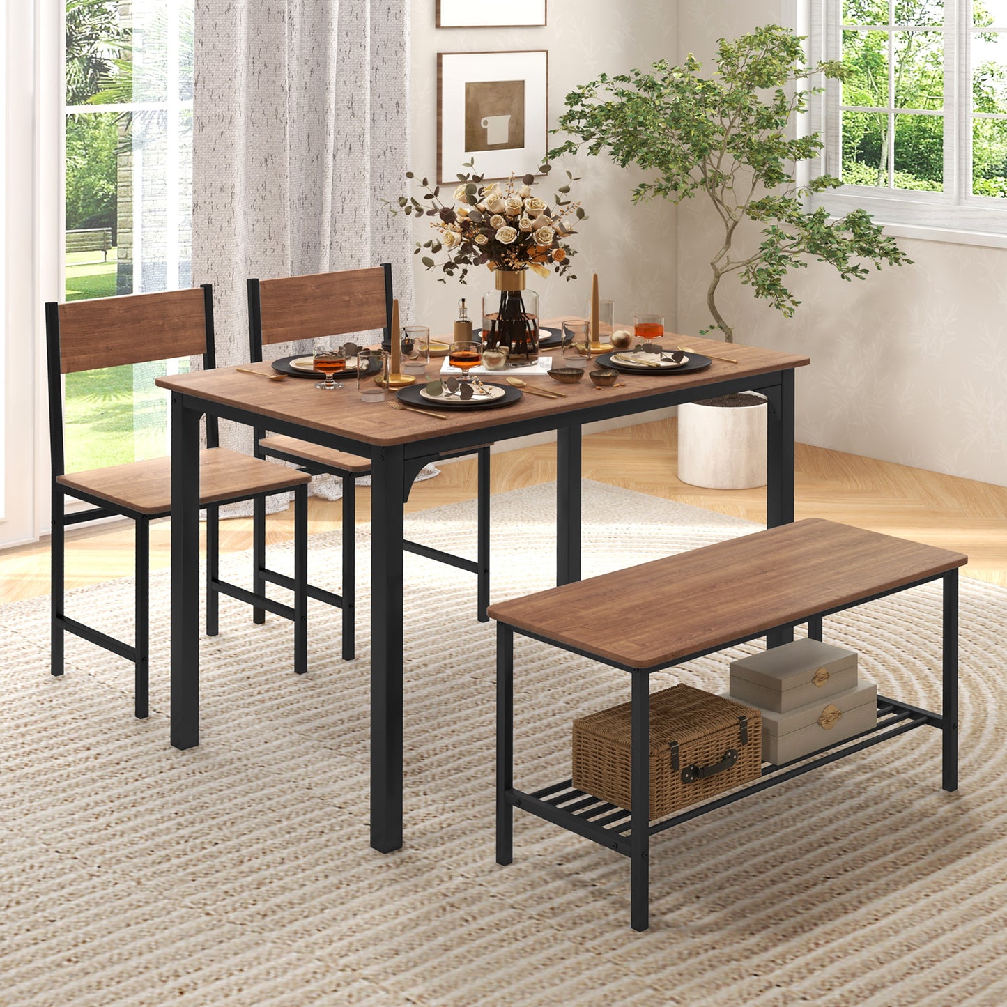 Rustic 4 Piece Dining Table Set with Bench and Two Chairs for Kitchen or Dining Room, Brown