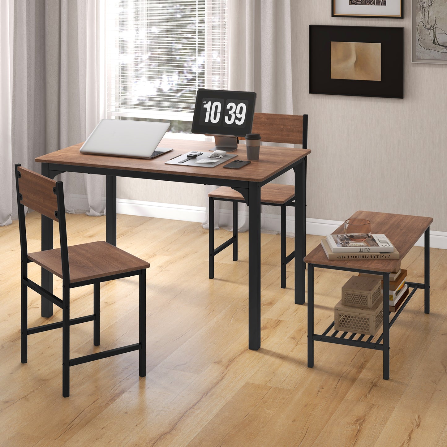 Rustic 4 Piece Dining Table Set with Bench and Two Chairs for Kitchen or Dining Room, Brown