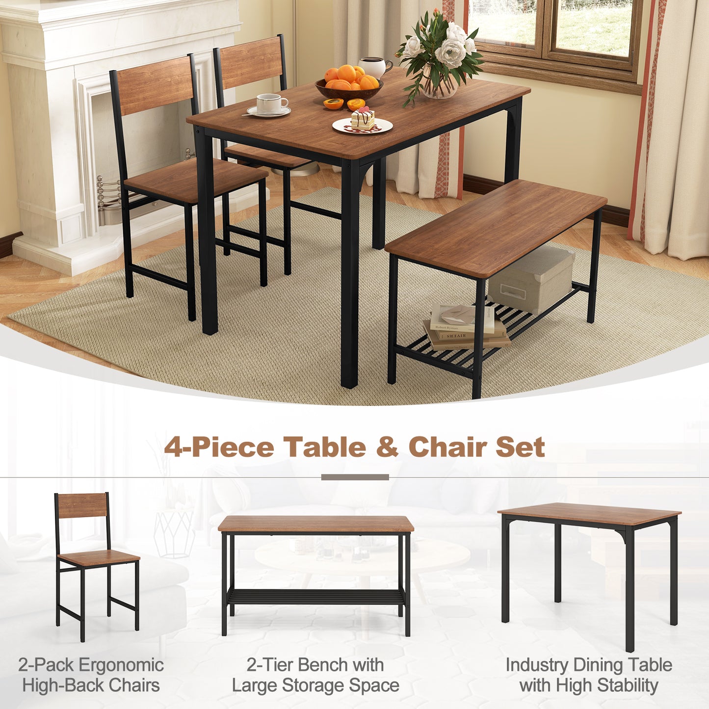 Rustic 4 Piece Dining Table Set with Bench and Two Chairs for Kitchen or Dining Room, Brown