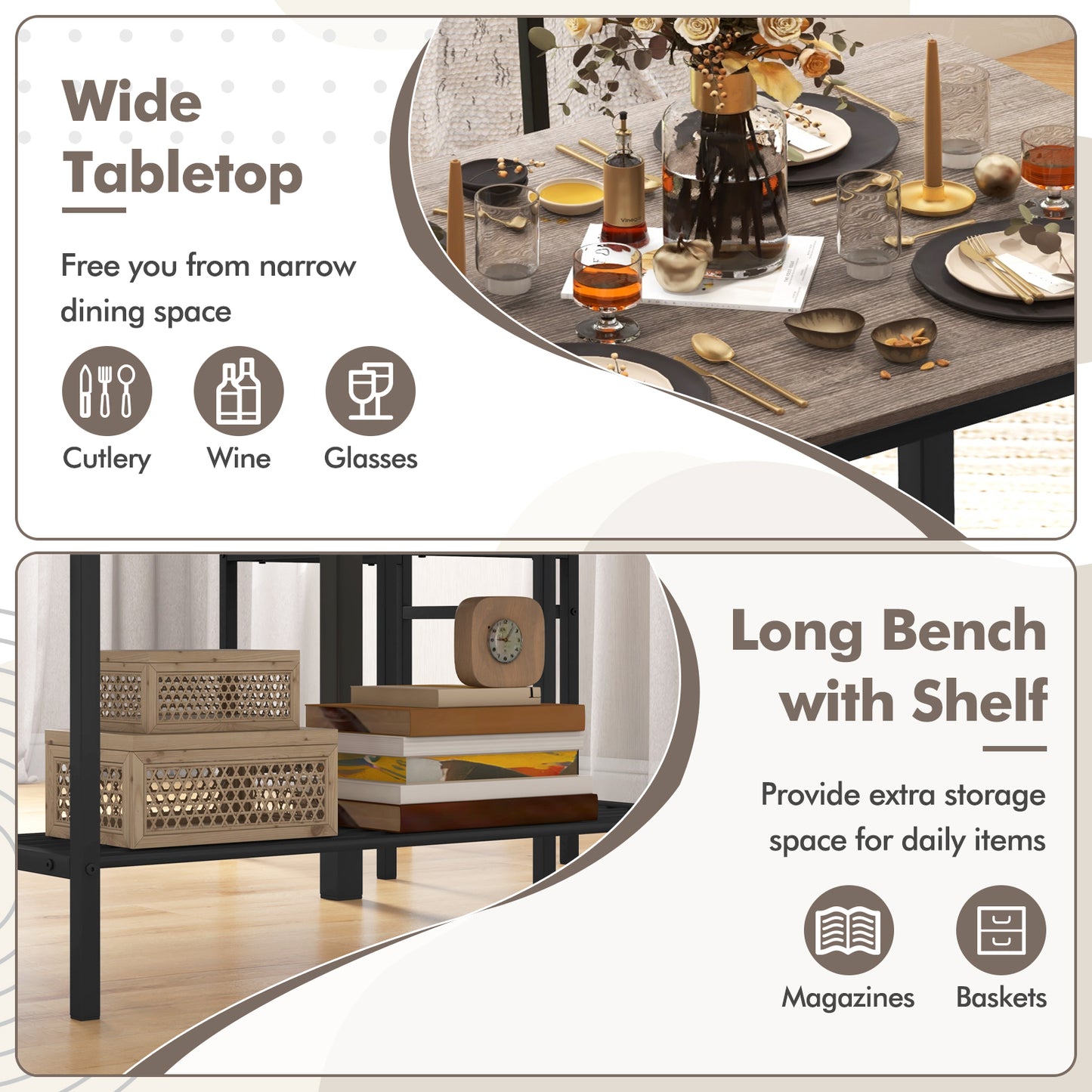 Rustic 4 Piece Dining Table Set with Bench and Two Chairs for Kitchen or Dining Room, Grey