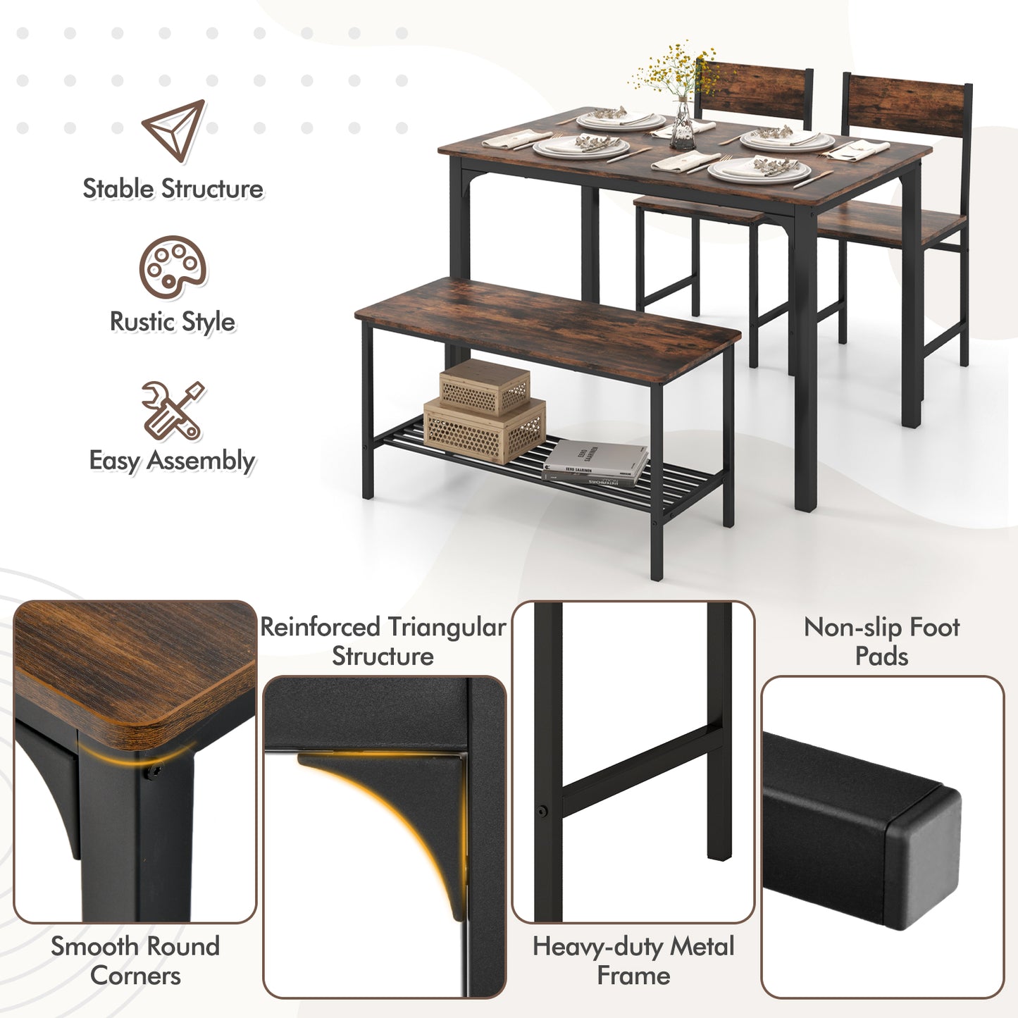 Rustic 4 Piece Dining Table Set with Bench and Two Chairs for Kitchen or Dining Room, Rustic Brown