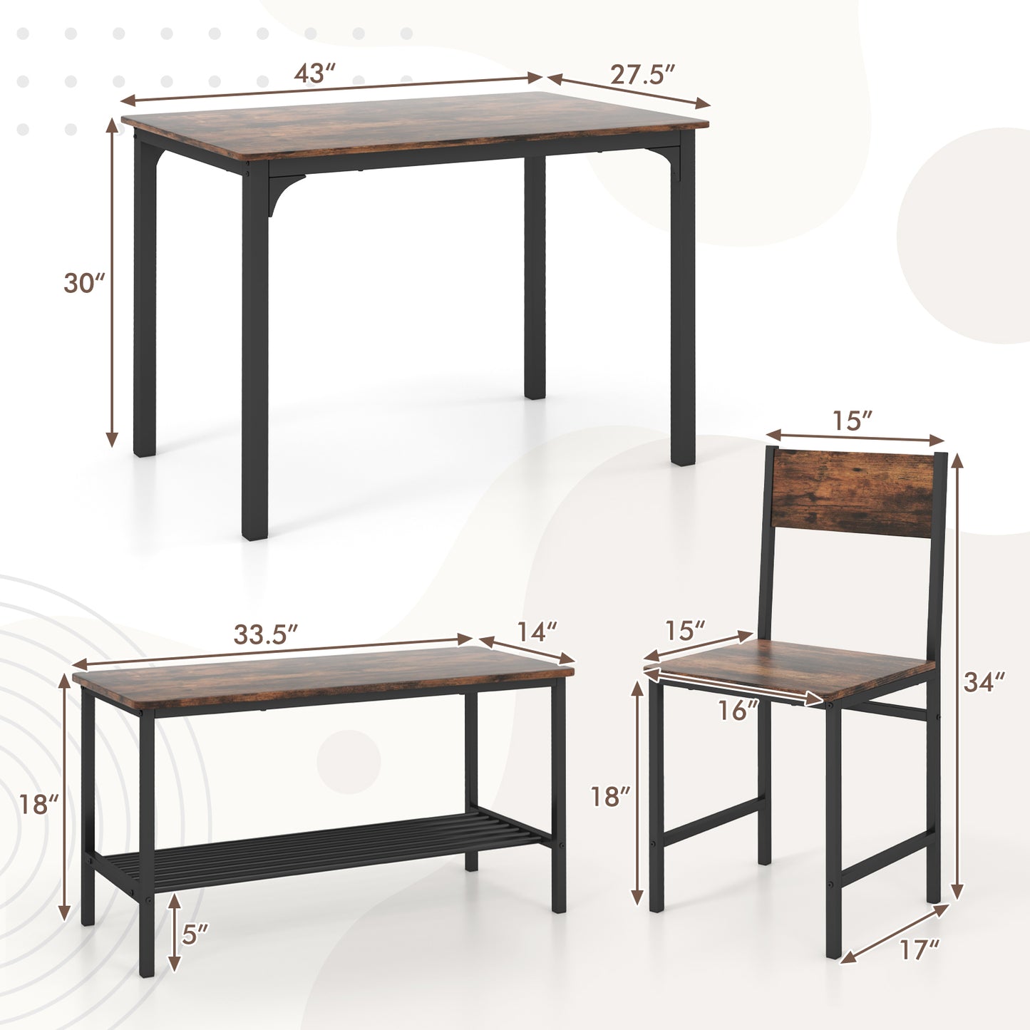 Rustic 4 Piece Dining Table Set with Bench and Two Chairs for Kitchen or Dining Room, Rustic Brown