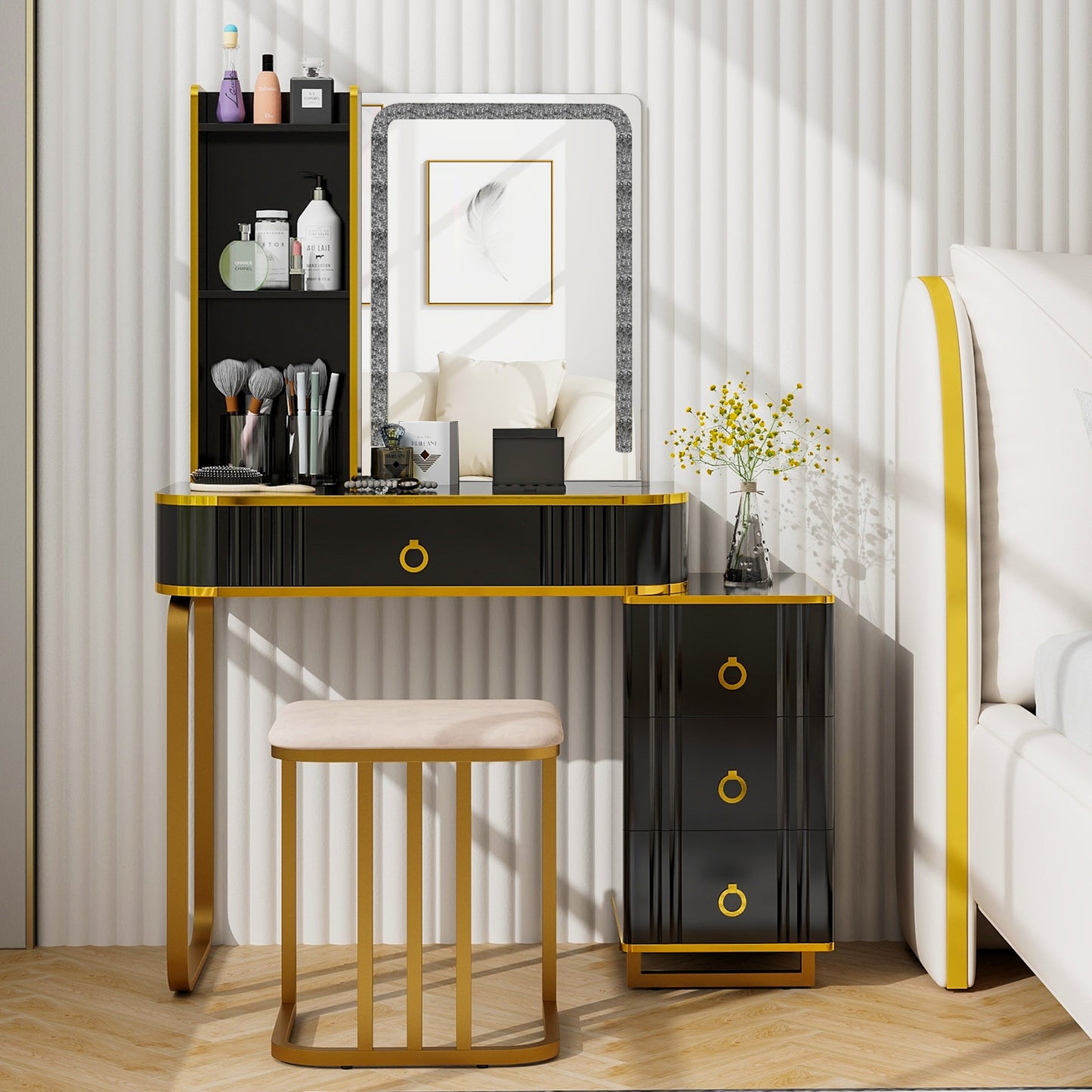 Vanity Table Set with RGB LED Mirror, Wireless Charging, Storage Drawers and Stool – Black