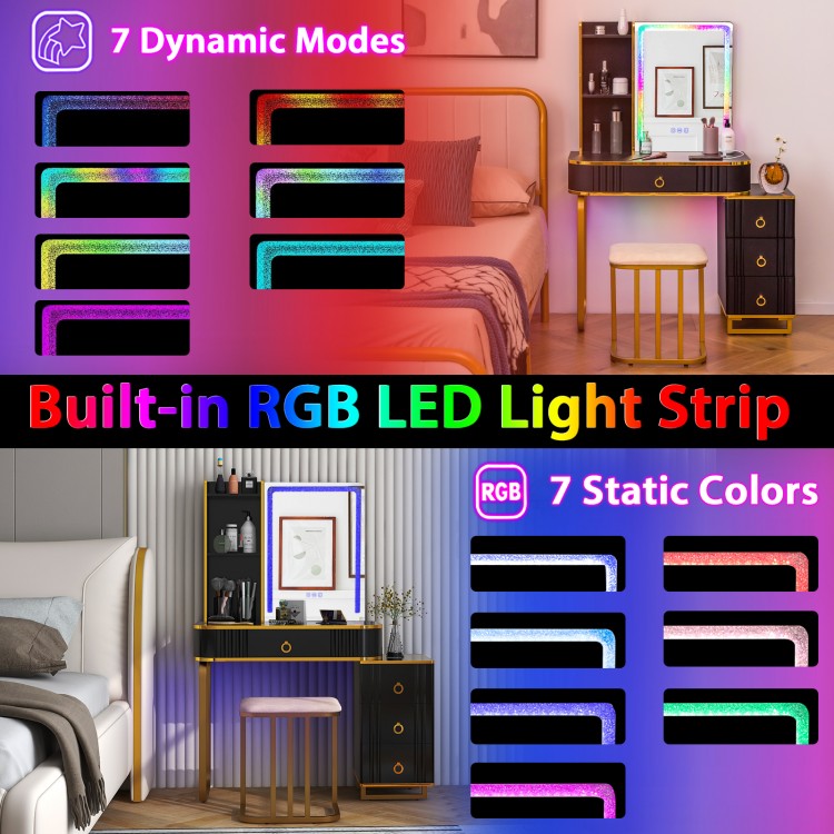 Vanity Table Set with RGB LED Mirror, Wireless Charging, Storage Drawers and Stool – Black
