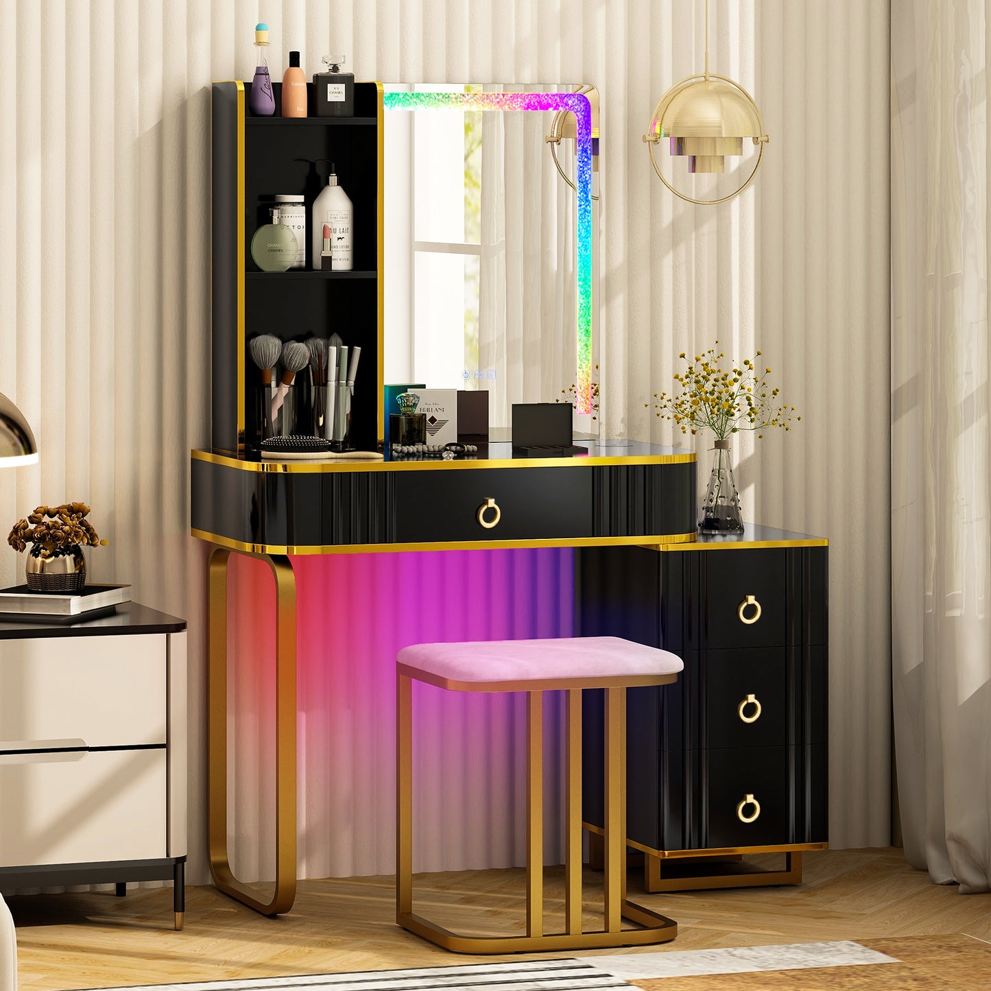 Vanity Table Set with RGB LED Mirror, Wireless Charging, Storage Drawers and Stool – Black