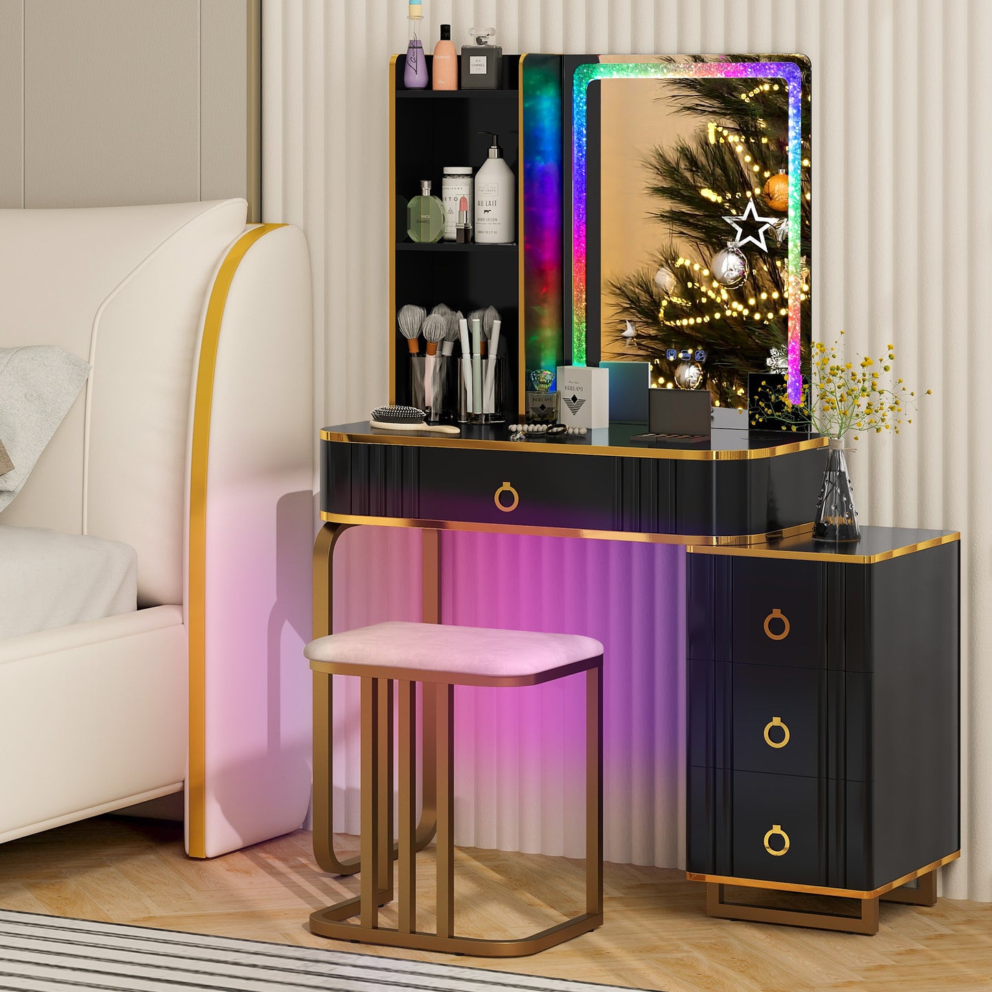 Vanity Table Set with RGB LED Mirror, Wireless Charging, Storage Drawers and Stool – Black